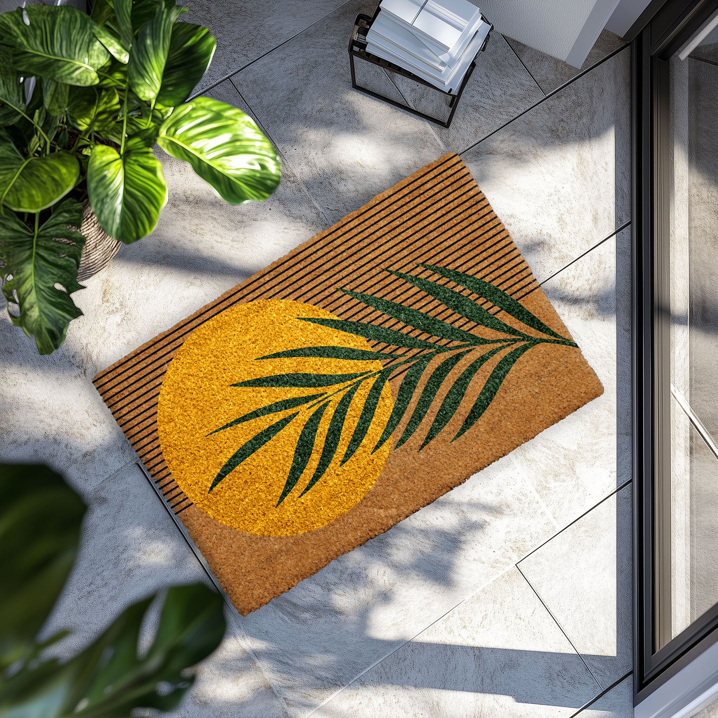 Sun and Leaf Doormat: Retro Tropical Entryway Rug for Coastal Home