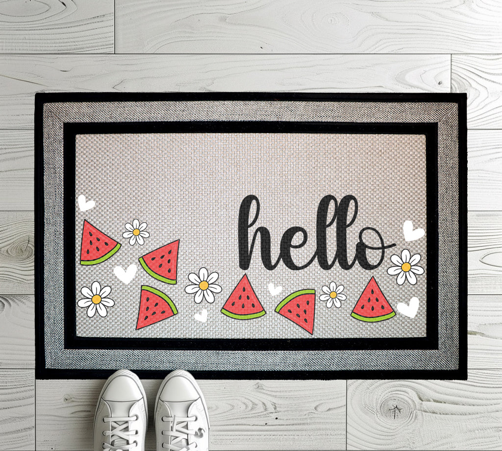 Summer Vibes Home Decor, Watermelon & Daisy Hello Doormat, Cheerful Entryway Mat