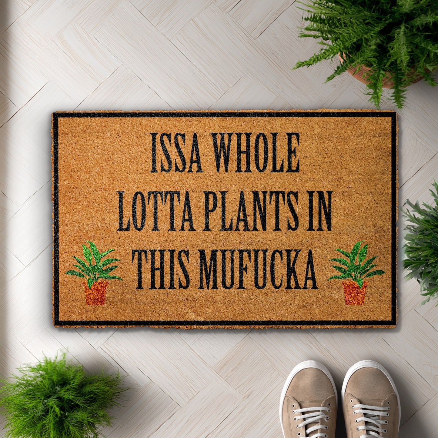 Welcome with a whole lotta plants in this doormat!