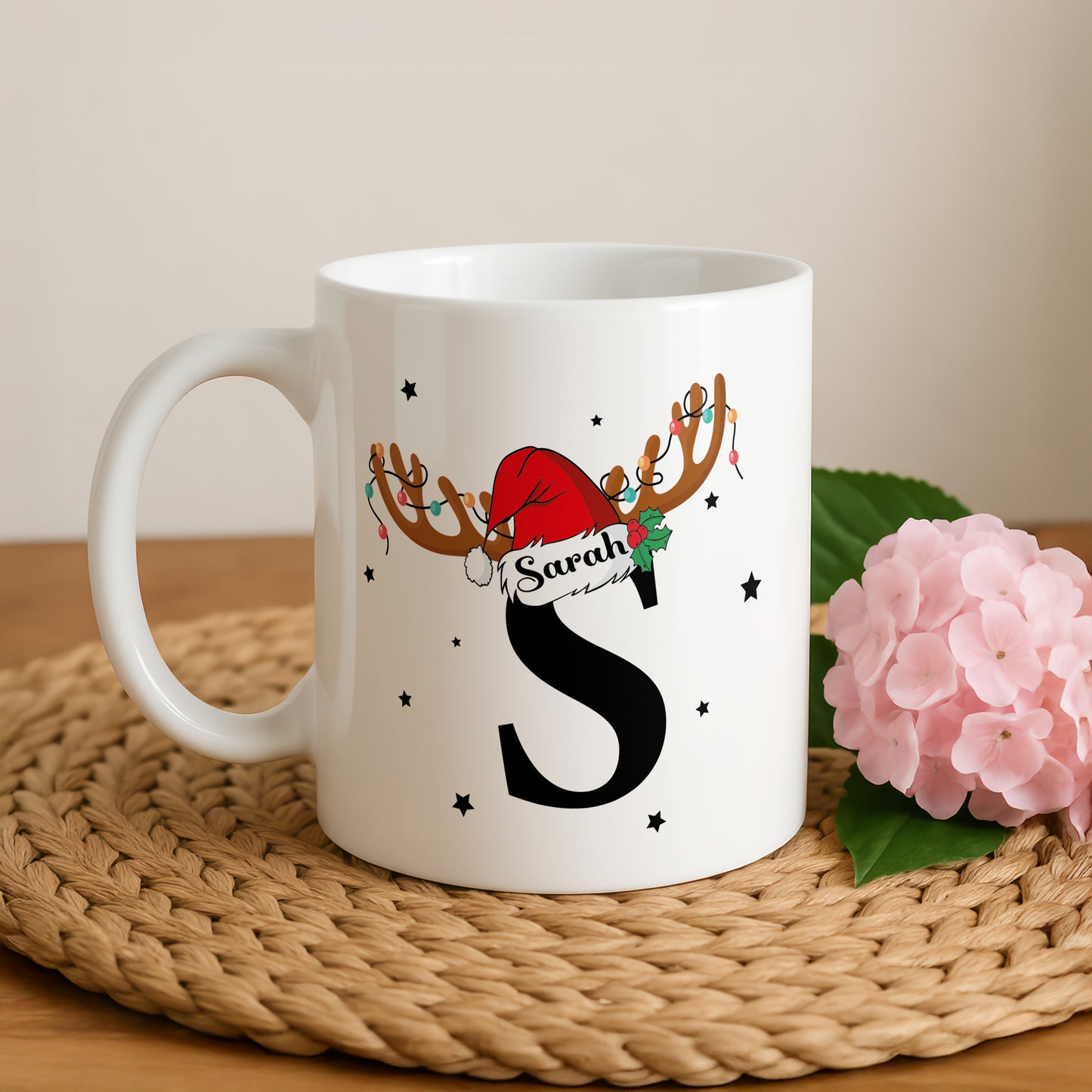 Personalized Santa Hat Christmas Mug, Monogrammed Xmas Cup, Festive Gift