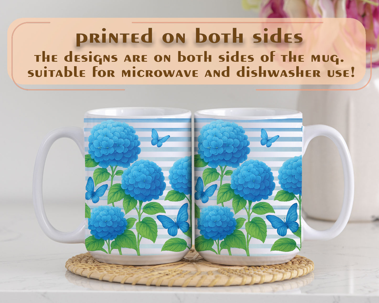 Hydrangea Coffee Cup, Blue Flowers & Butterfly Mug: Garden Lover's Delight