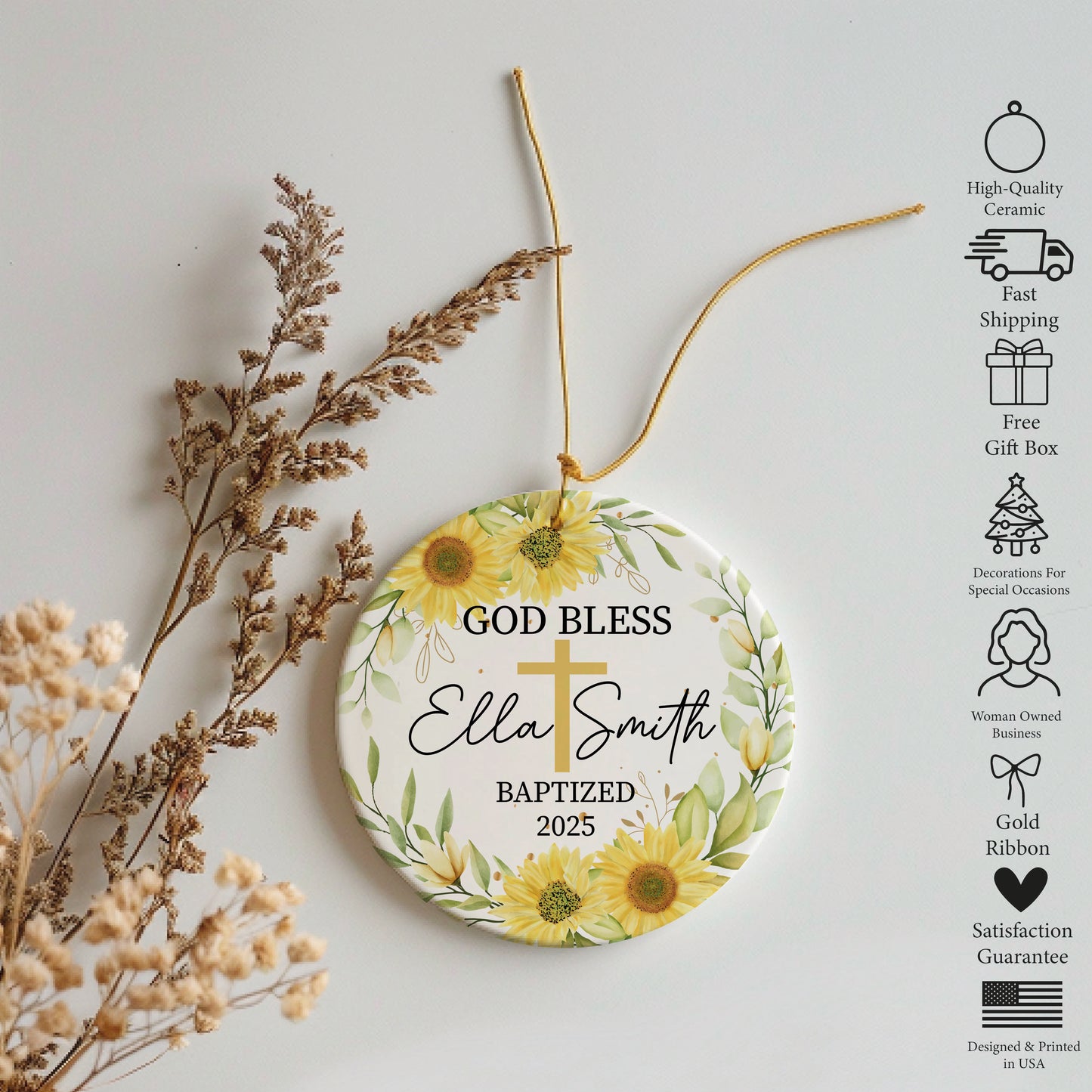 Custom Baptism Ornament, Personalized God Bless Gift, Sunflower Christening Keepsake