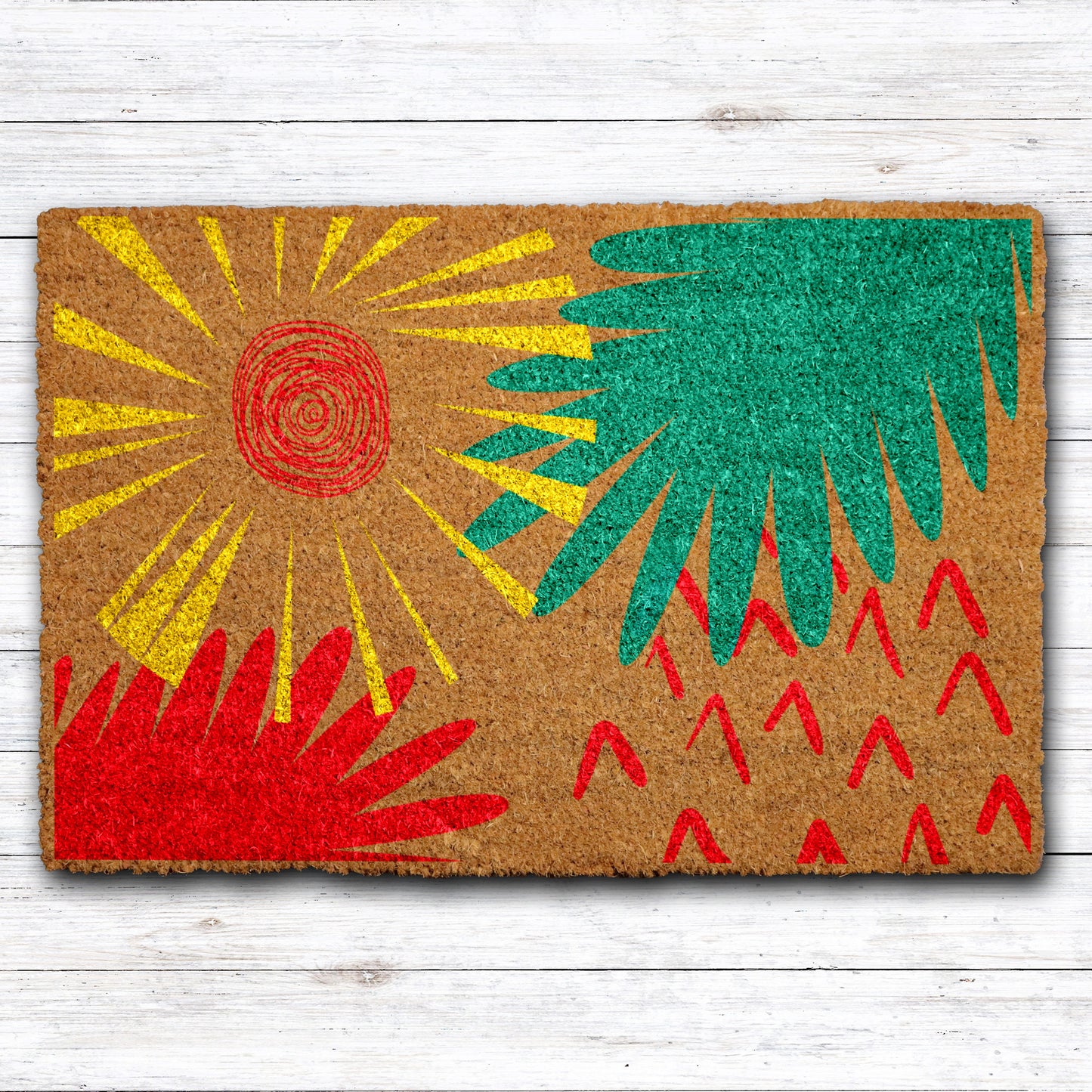 Modern Abstract Sun Doormat, Colorful Leaves Mat for Boho Home
