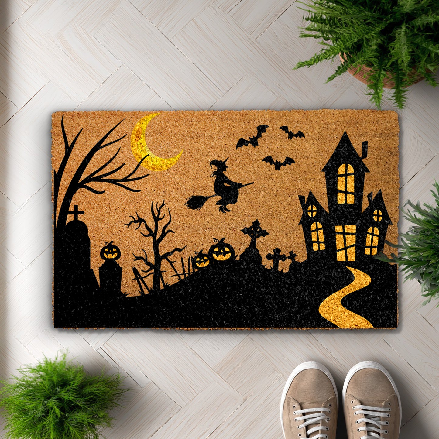 Spooky Witch Haunted House Doormat, Gothic Halloween Decor for Fall