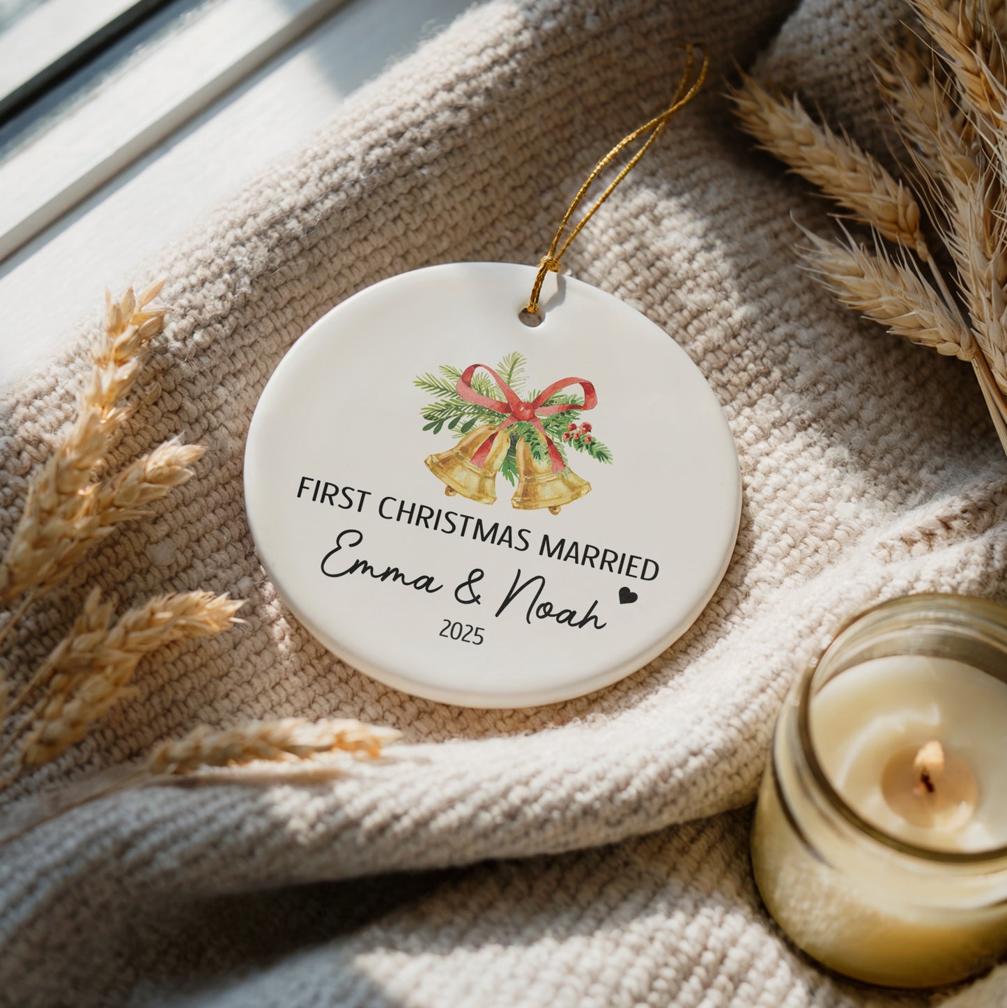 Personalized First Christmas Married Ornament, Festive Newlywed Couple Keepsake