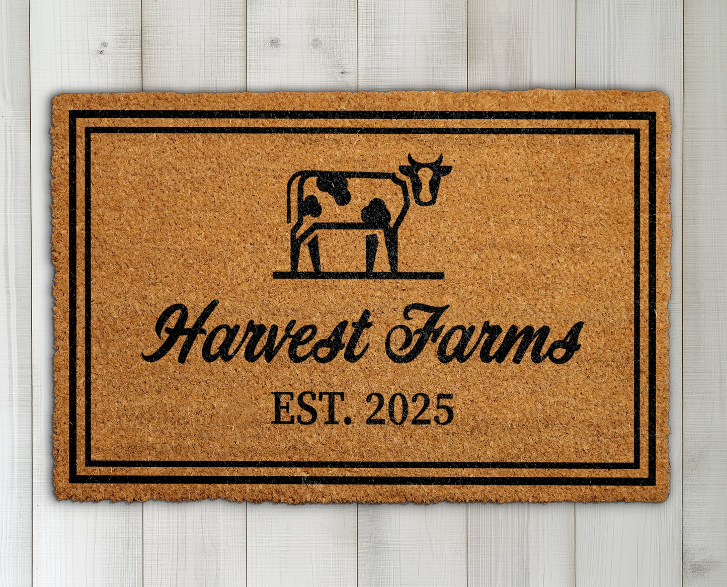 Custom Farmhouse Welcome Mat, Personalized for Cow Decor & Housewarming.
