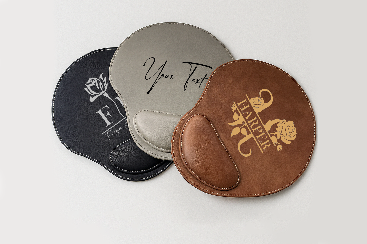 Custom Floral Mousepad: Vegan Leather, Engraved Name, Wrist Support.