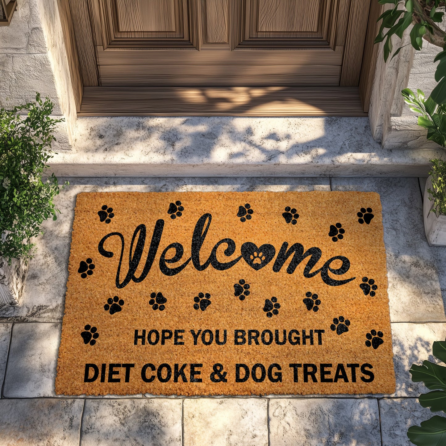 Welcome Home with Dog Treats, Paw Print Funny Doormat!