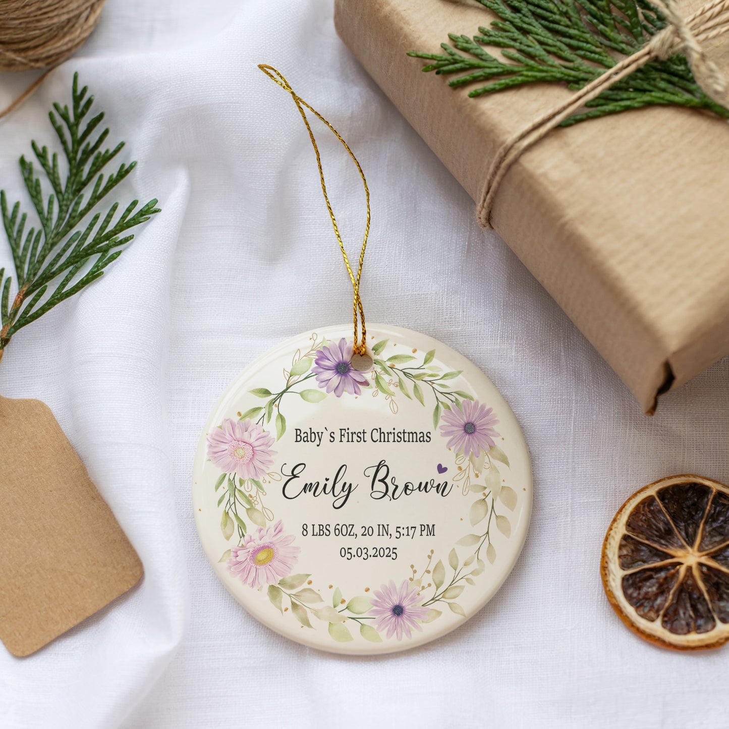 Custom Baby's First Christmas Ornament, Floral Birth Info, Nursery Decor