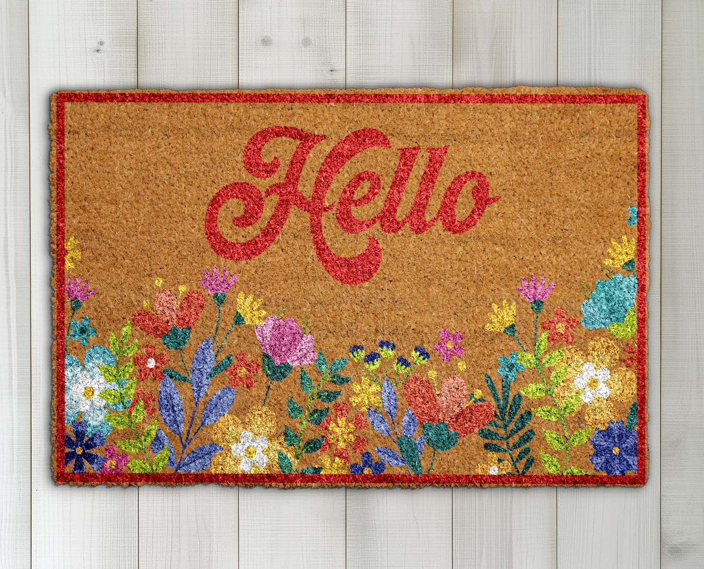 Charming Floral Hello Doormat, Vibrant Boho Flower Welcome Mat