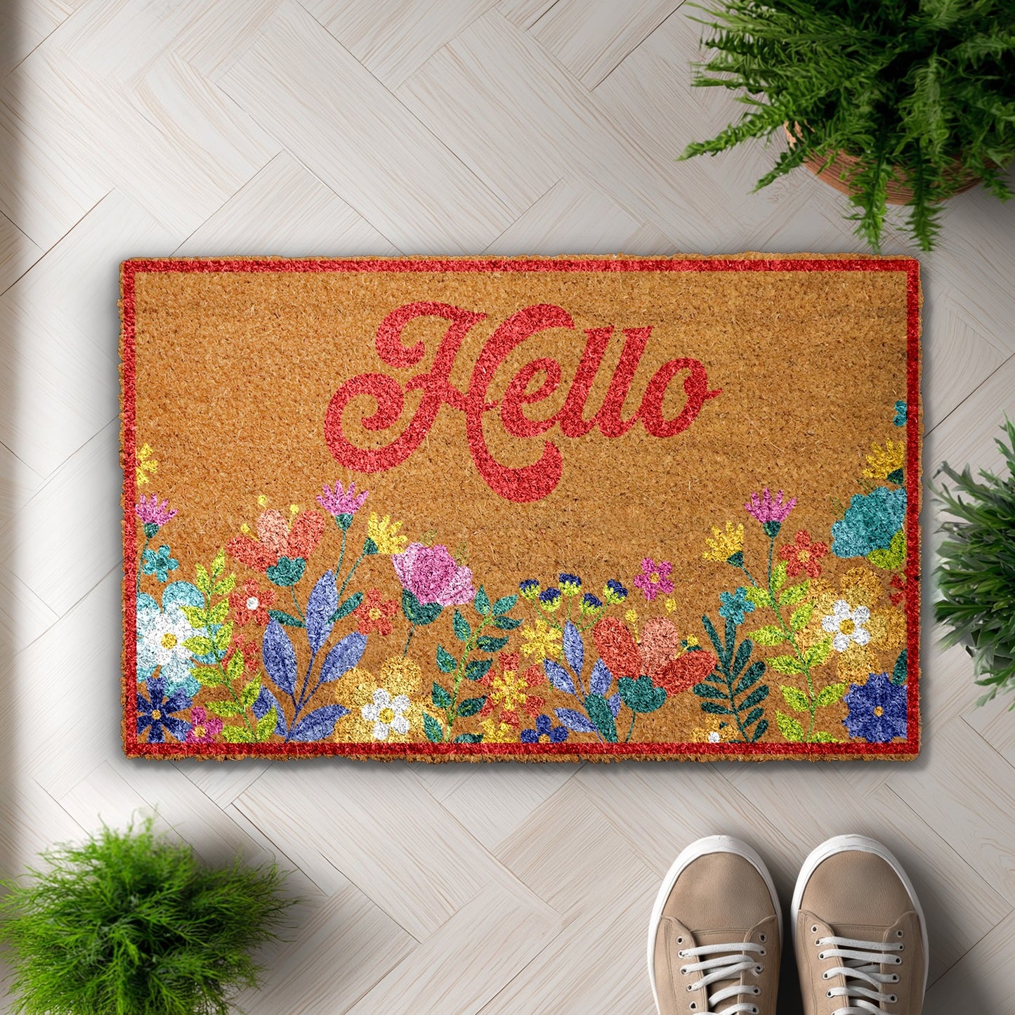 Charming Floral Hello Doormat, Vibrant Boho Flower Welcome Mat