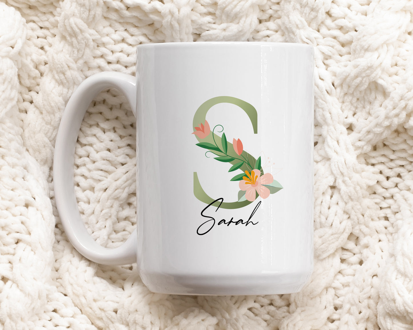 Personalized Ceramic Tea Cup, Floral Initials Coffee Mug, Elegant Monogram