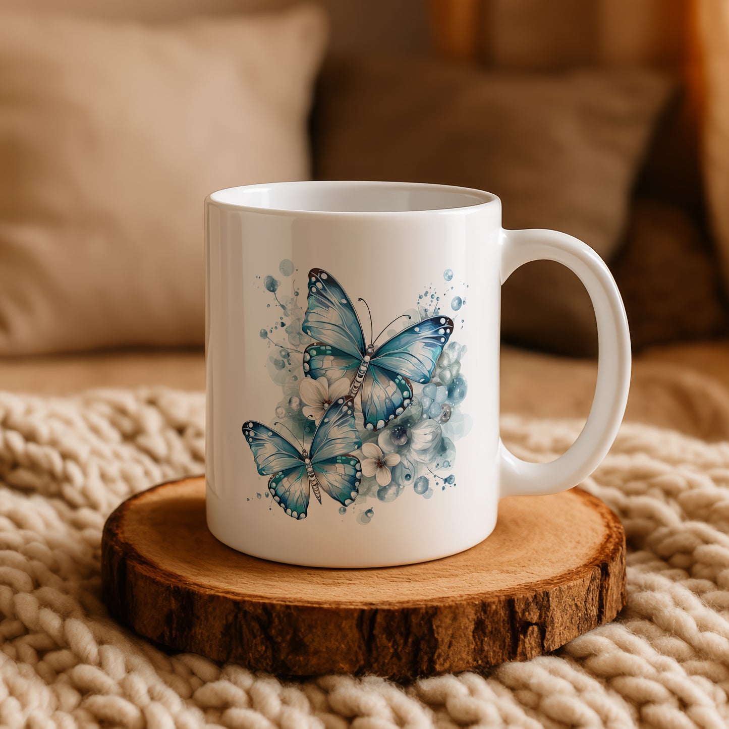Watercolor Blue Butterfly Coffee Cup, Elegant Flowers, Butterflies Ceramic Tea Cup