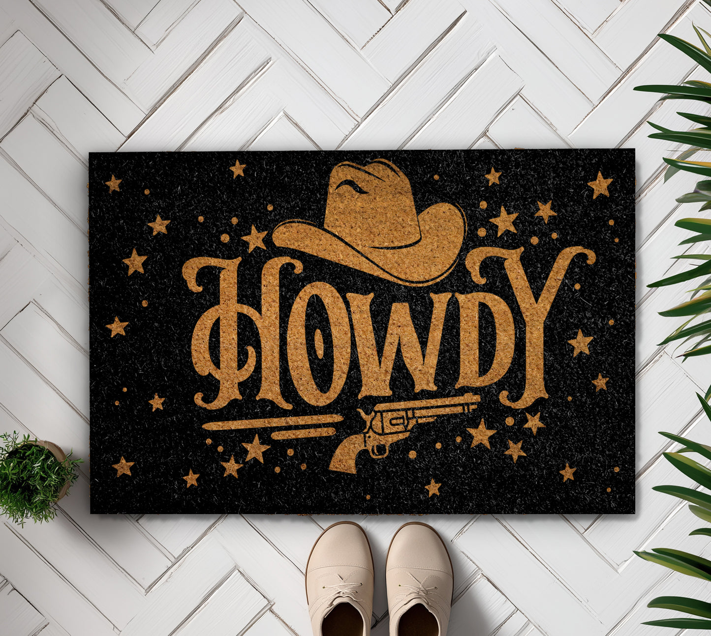 Western Welcome: Howdy Doormat, Cowboy Hat & Revolver Entrance