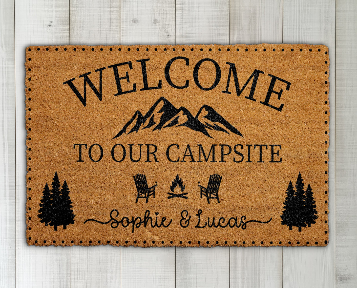 Personalized Couple's Welcome Mat, Mountain & Campfire Doormat for Glamping