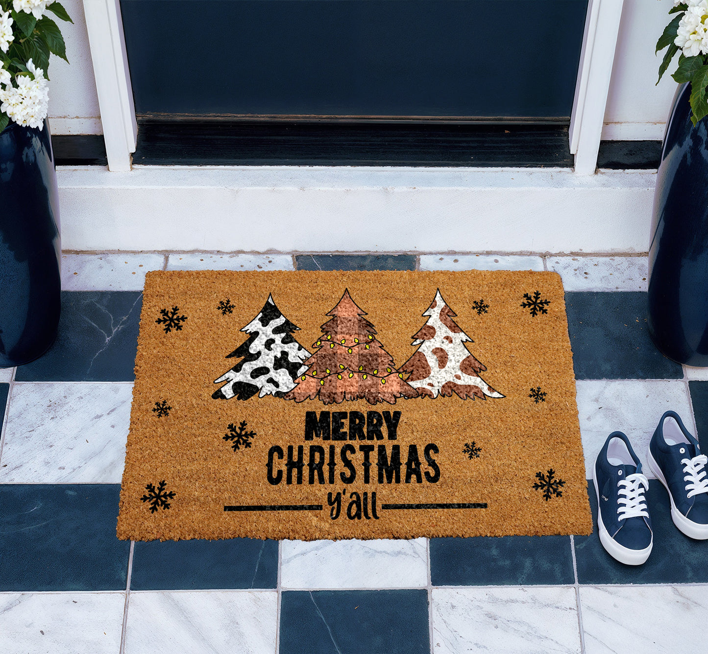 Cow Print Christmas Tree Welcome Mat, Rustic Holiday Porch Rug