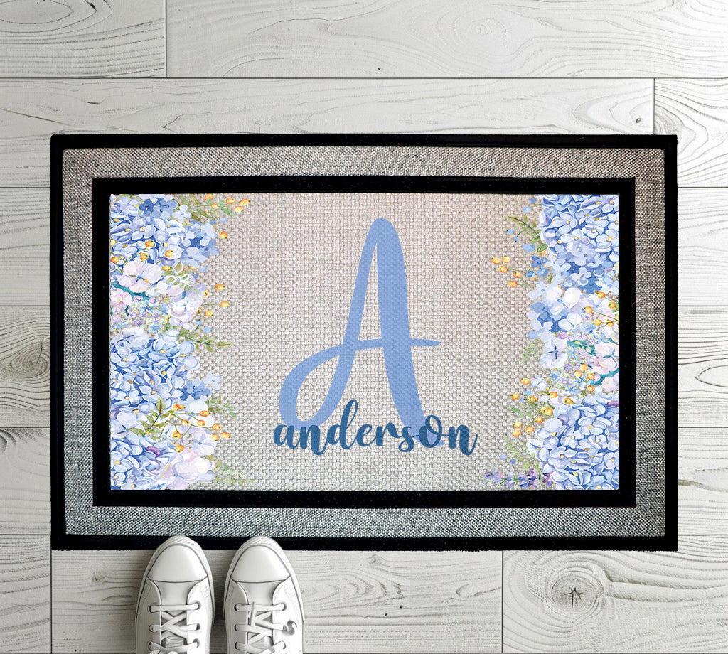 Custom Floral Initial Door Mat, Personalized Monogram Letter Rug