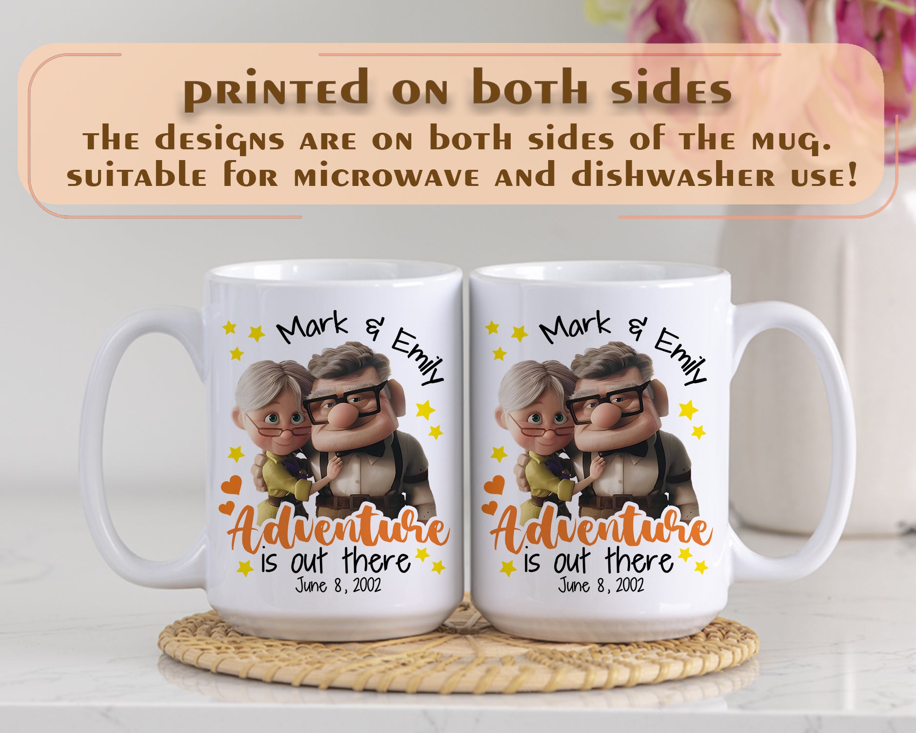 Adventure Awaits: Personalized Up Movie Couple Anniversary Names Coffee Mug