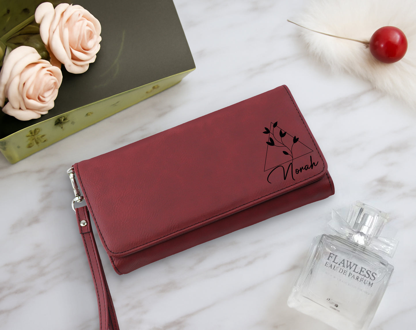Custom Engraved Vegan Leather Wristlet, Minimalist Boho Wallet for Her
