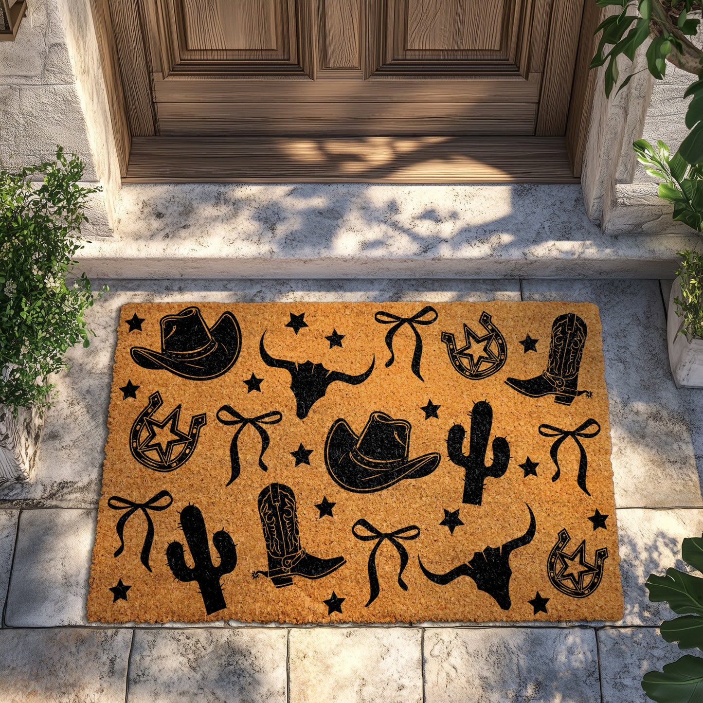 Western Cowboy Doormat: Horseshoe, Cactus, Boots & Hats Welcome Mat