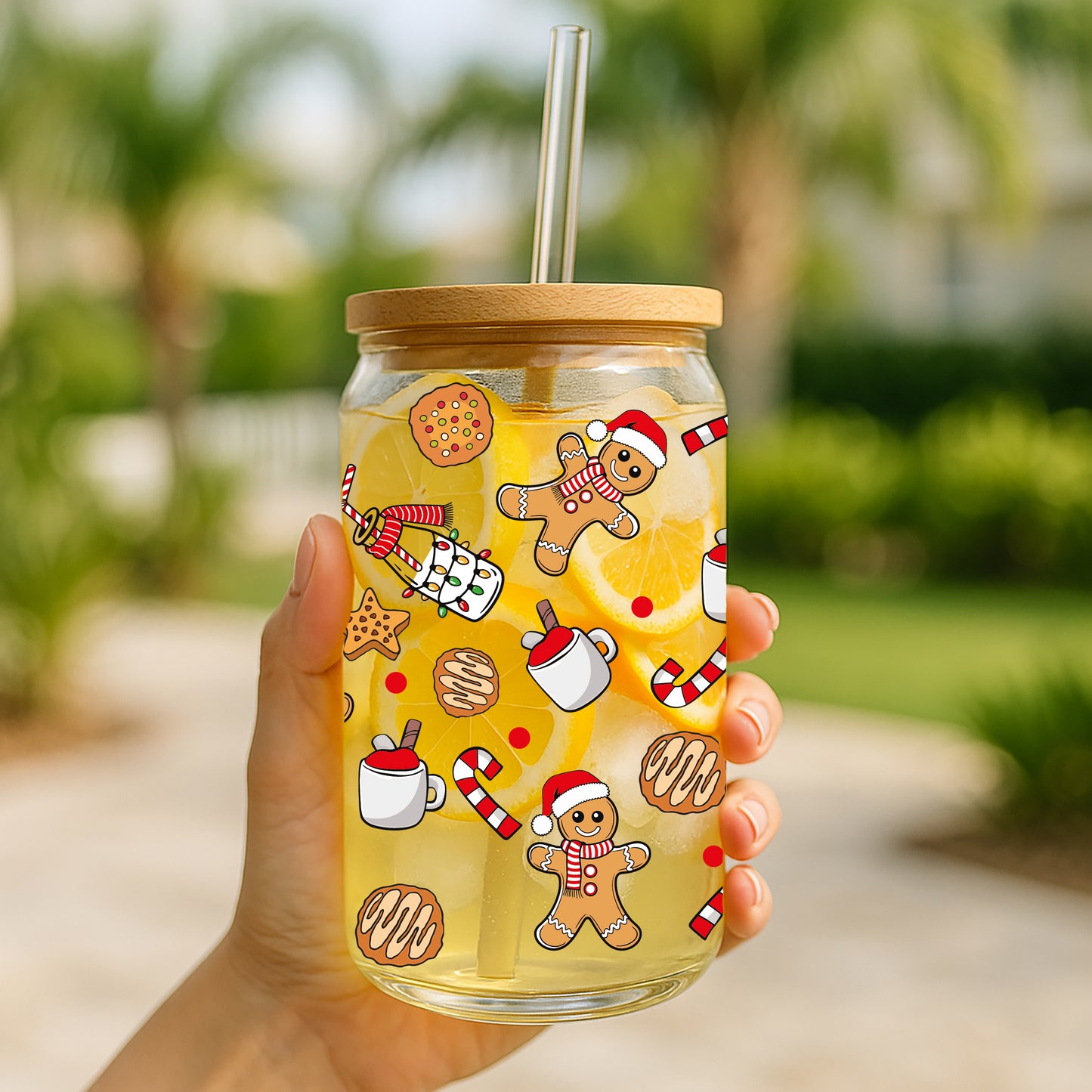 Cute Gingerbread Man Pattern Glass Tumbler, Adorable Christmas Cookie Design