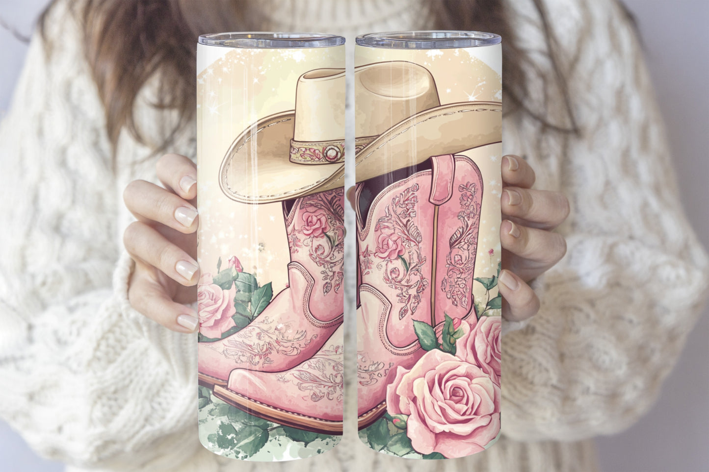Aesthetic Cowgirl Tumbler, Retro Pink Boots & Roses Stainless Steel Insulated Tumbler