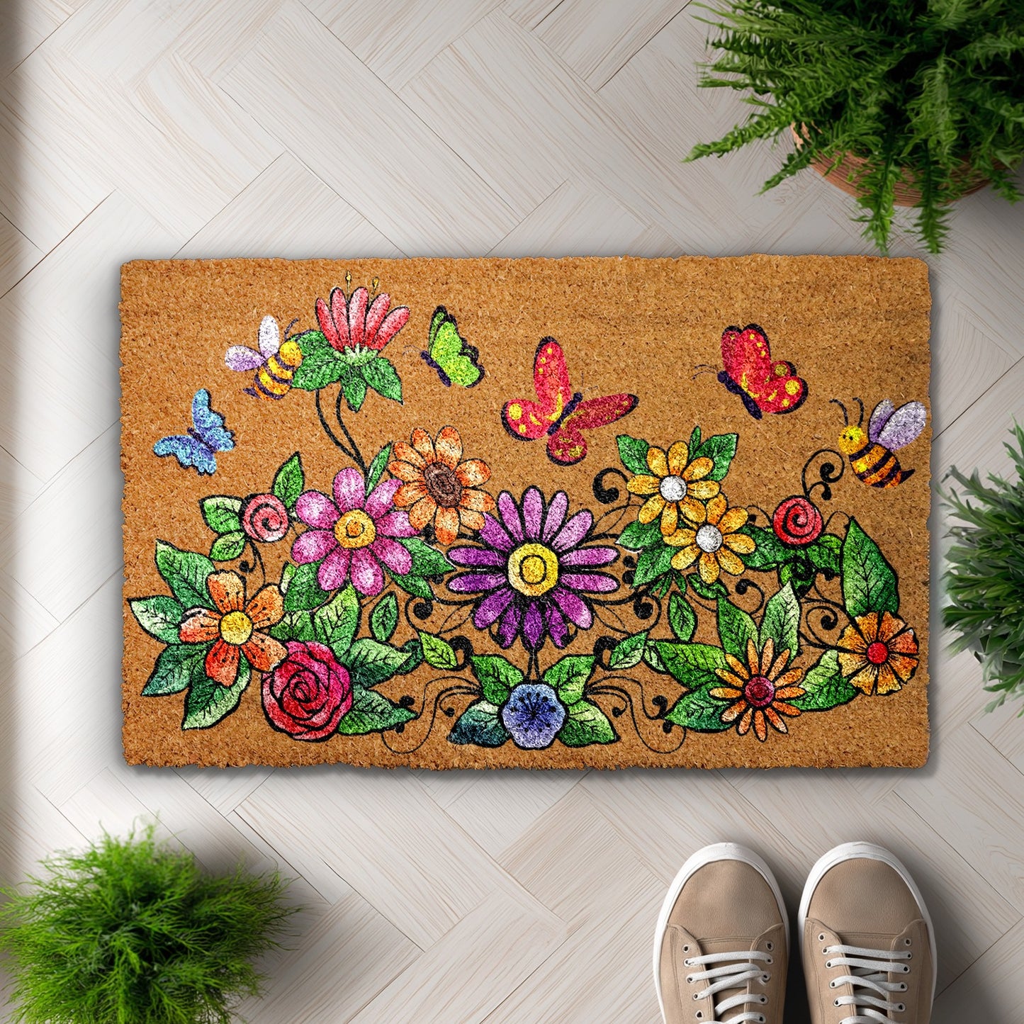 Vibrant Wildflower & Butterfly Doormat, Brighten Your Home Entrance.
