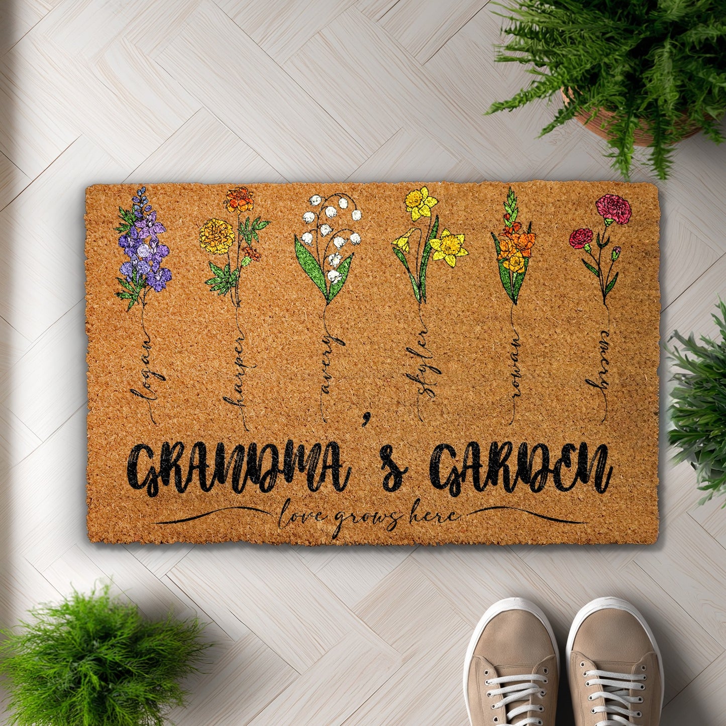 Personalized Grandkids' Name Doormat, Birth Month Flower Coir Rug!