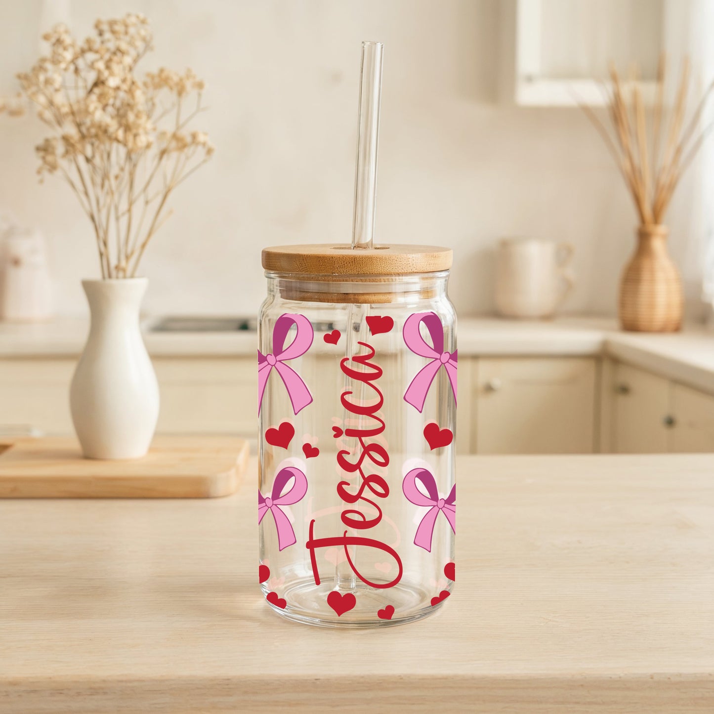 Custom Hearts And Bows Glass Tumbler Cup, Personalized Iced Coffee.