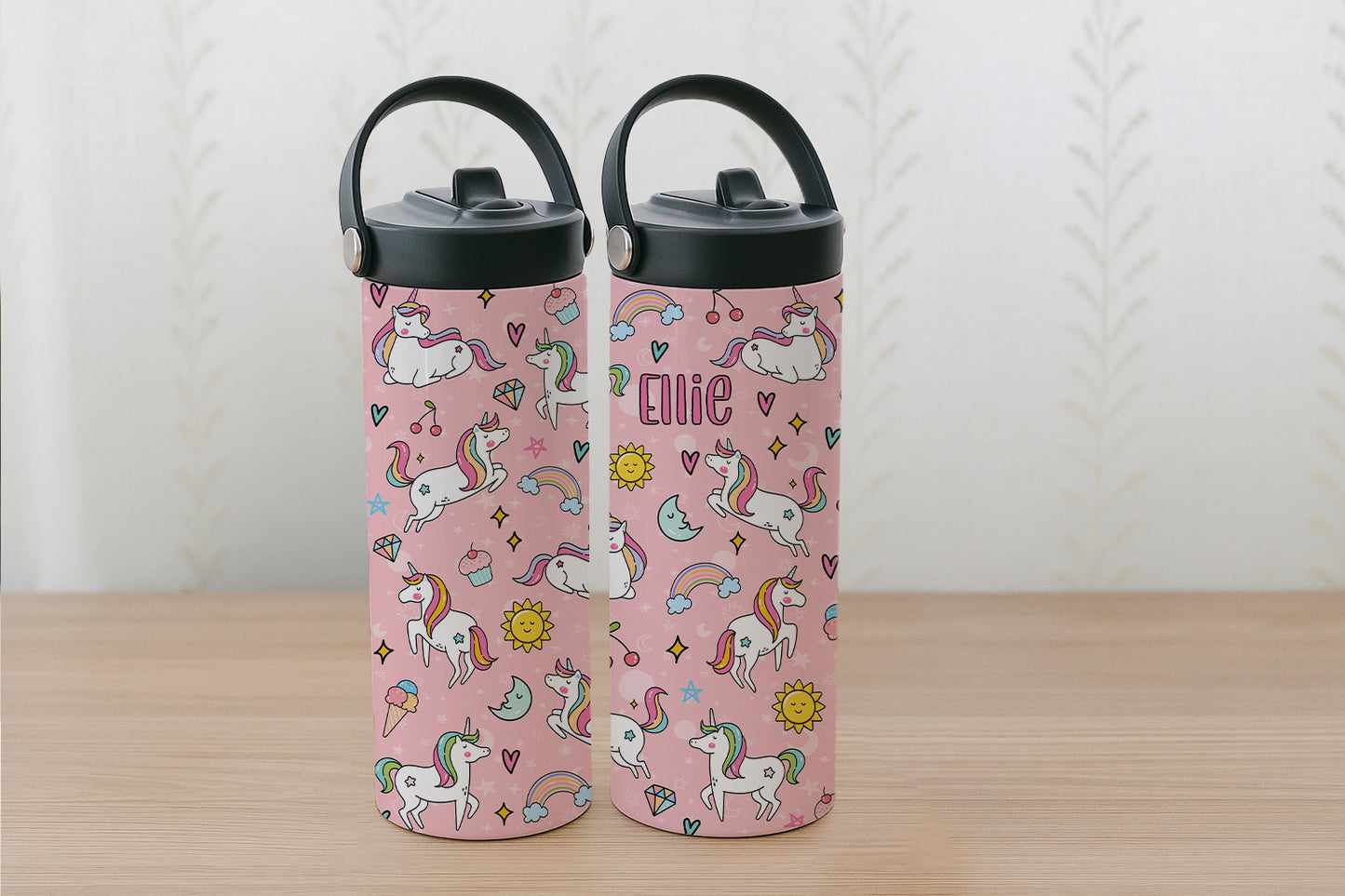 Custom Pink Tumbler, Pony Rainbow Water Bottle - Back To School