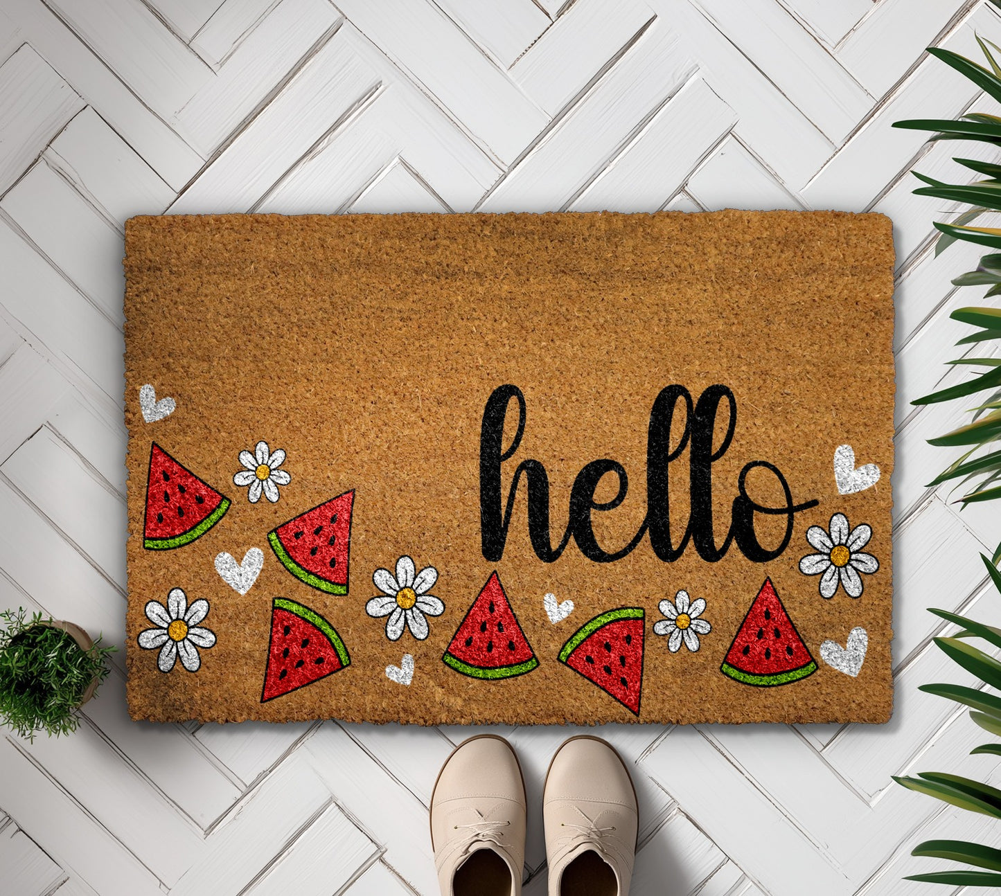 Summer Vibes Welcome with Watermelon & Daisy Doormat, Cheerful Greeting