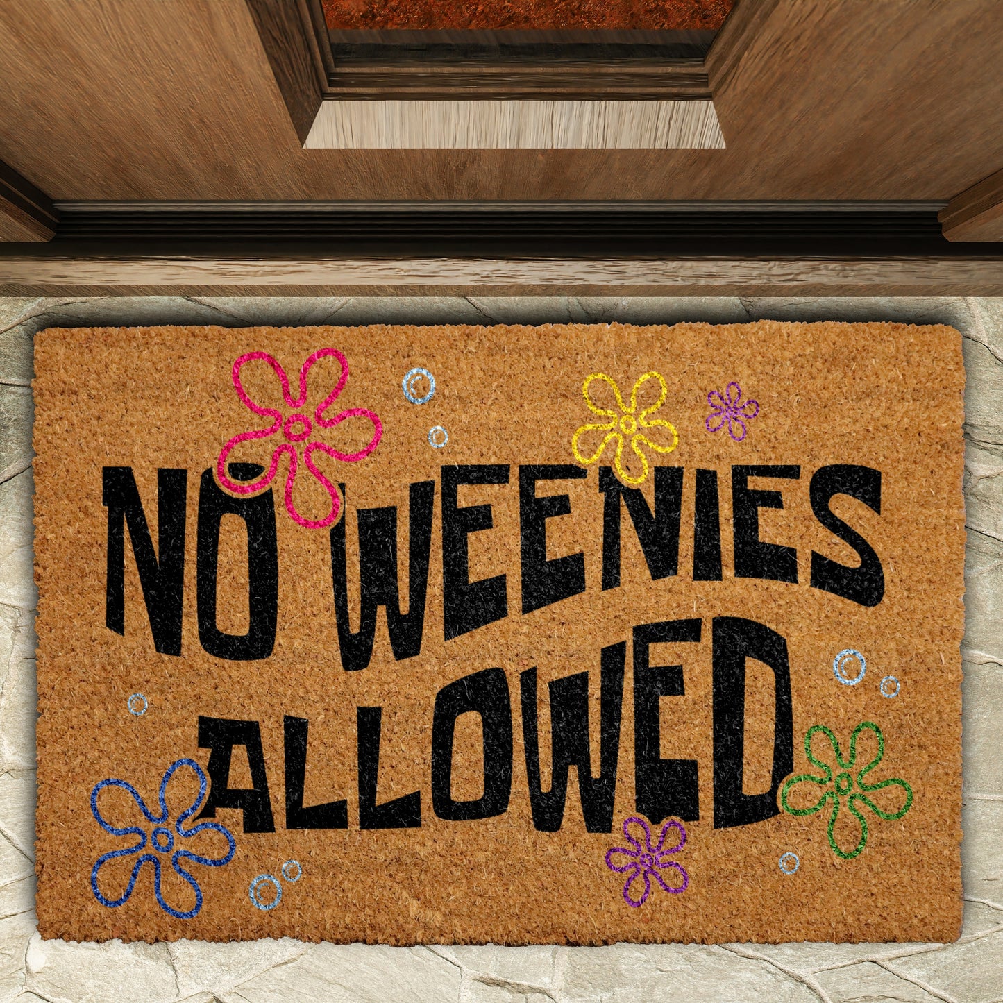 Cheerful Welcome: No Weenies Allowed Funny Doormat, Humorous Housewarming Gift