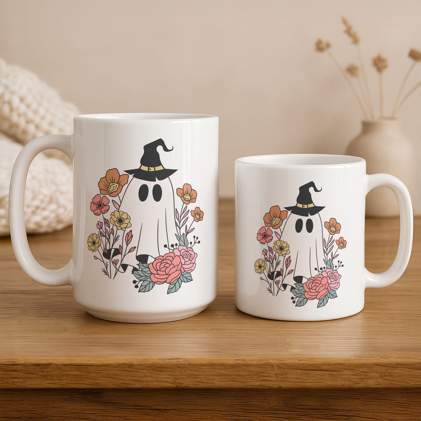 Floral Witch Hat Ceramic Mug, Halloween Tea Cup, Colorful Ghost