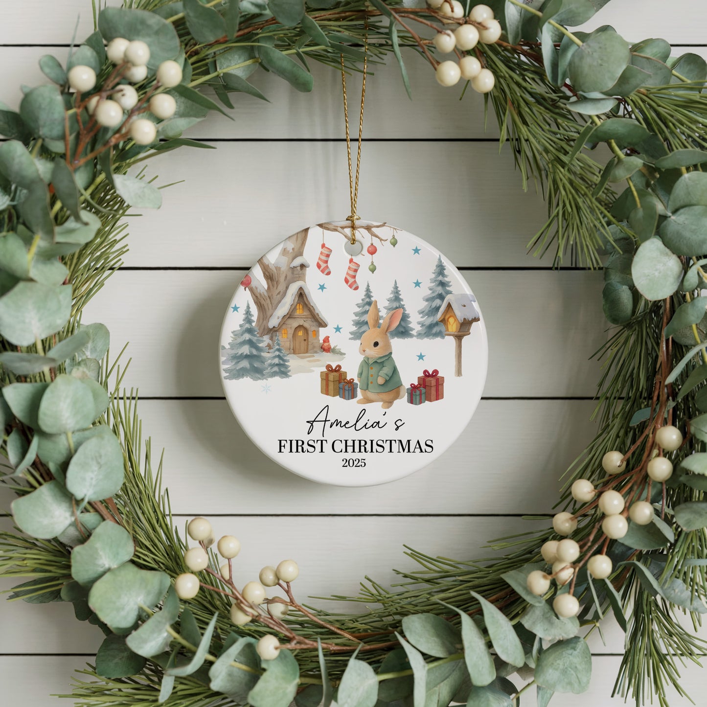 Personalized Bunny Baby's First Christmas Ornament, Ceramic Xmas Keepsake Gift