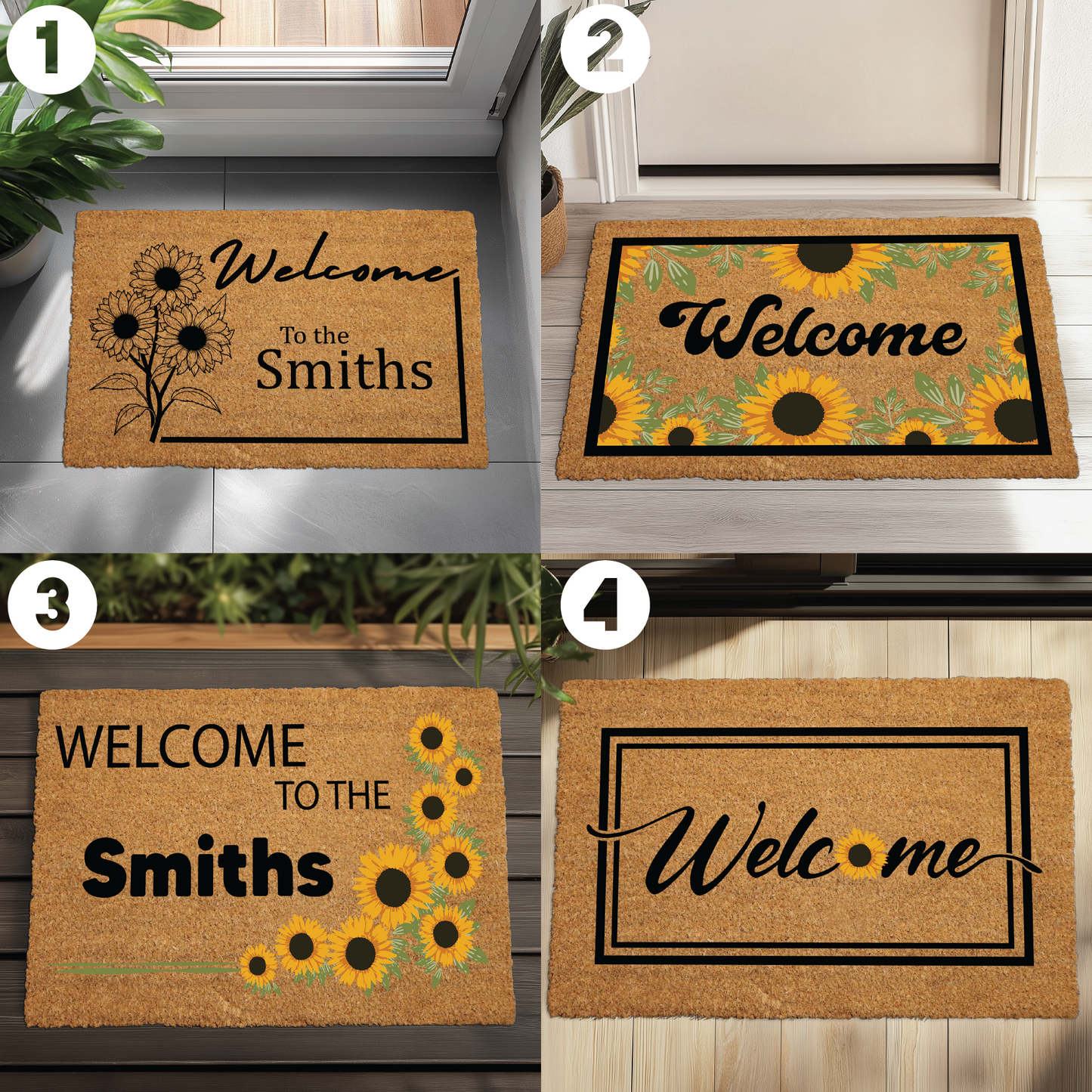 Custom Sunflower Welcome Doormat: Personalized Coir Entryway Mat for Bright Homes