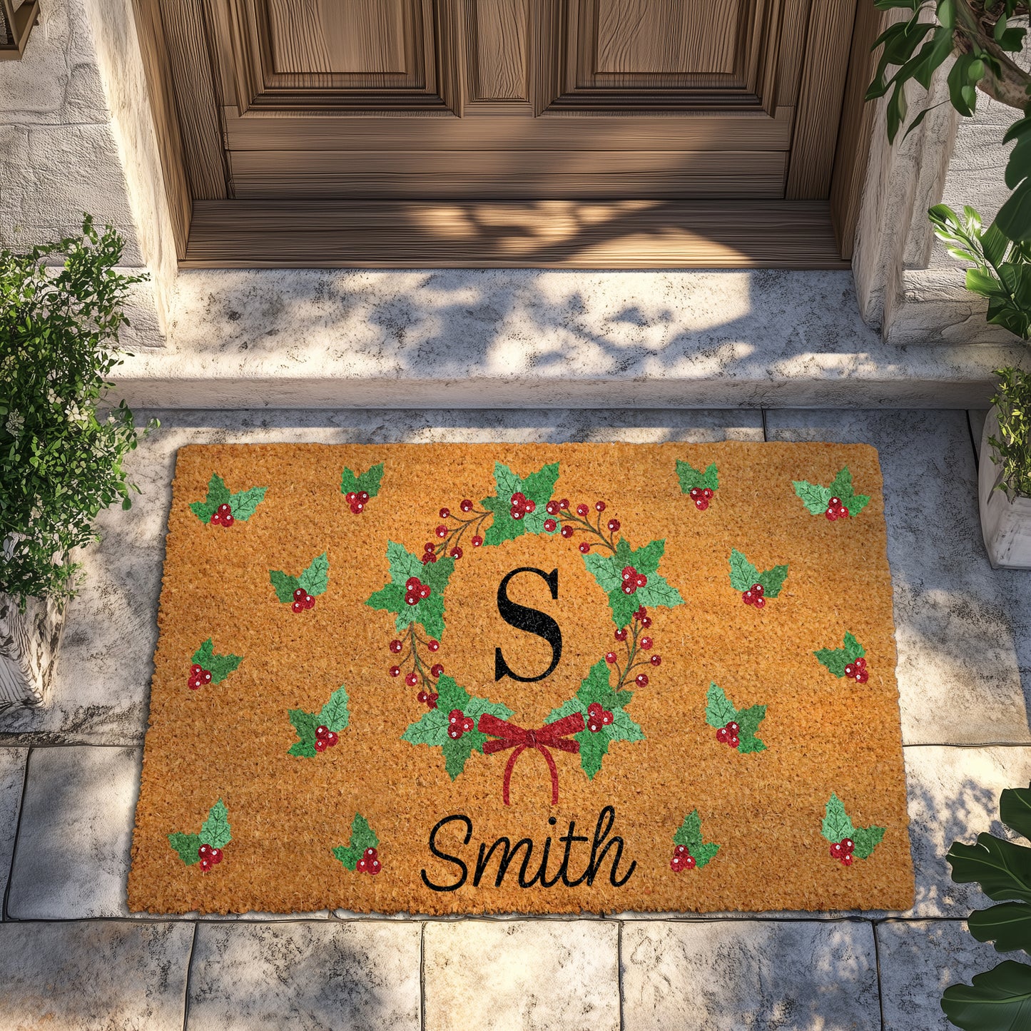 Festive Christmas Doormat with Custom Initial & Family Name