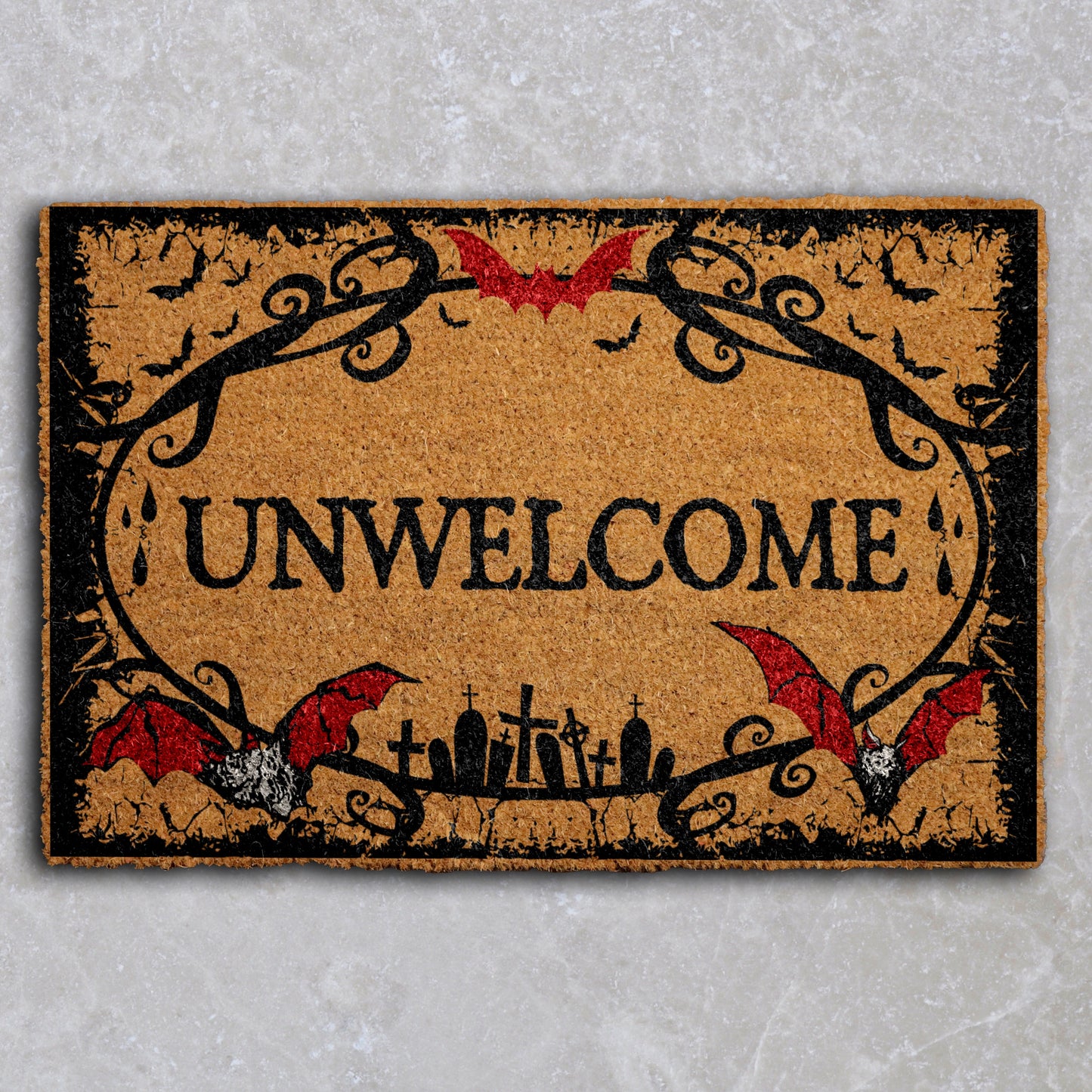 Gothic Bat Doormat, Spooky Vampire Welcome Mat for Halloween Decor.