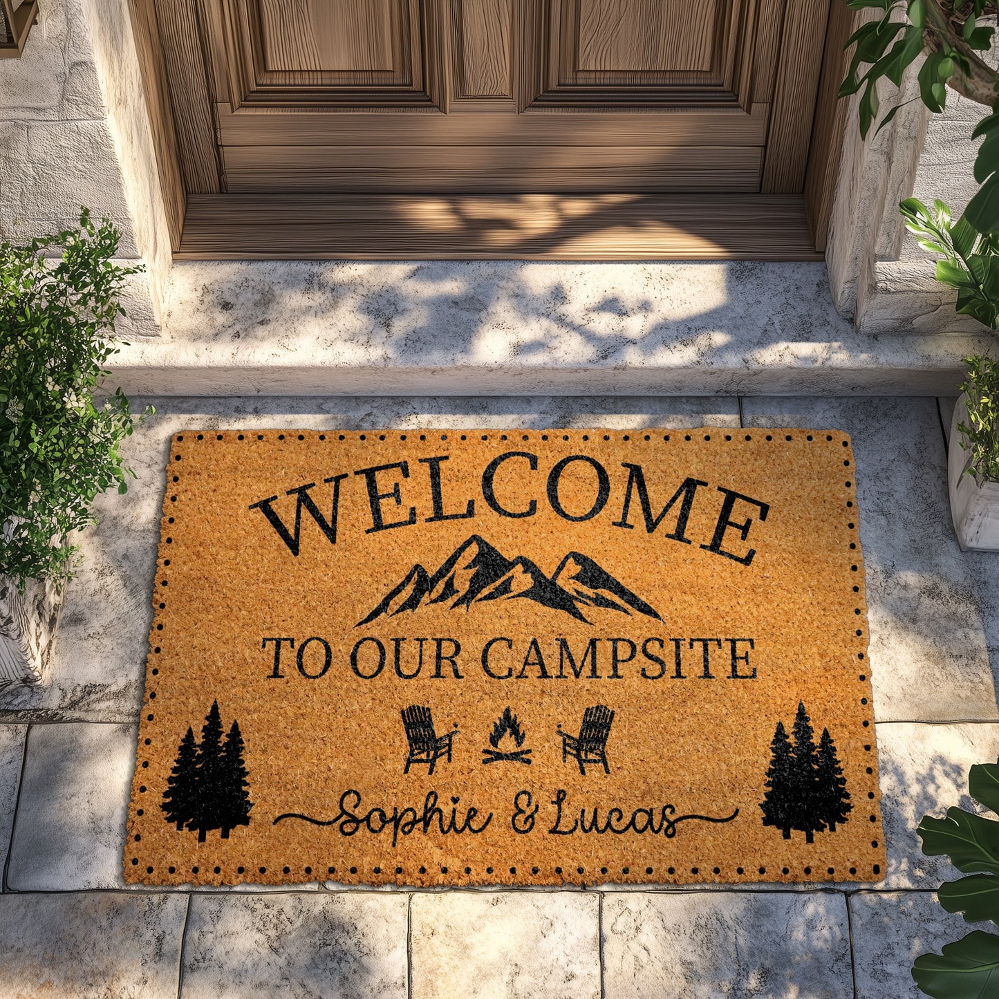 Personalized Couple's Welcome Mat, Mountain & Campfire Doormat for Glamping