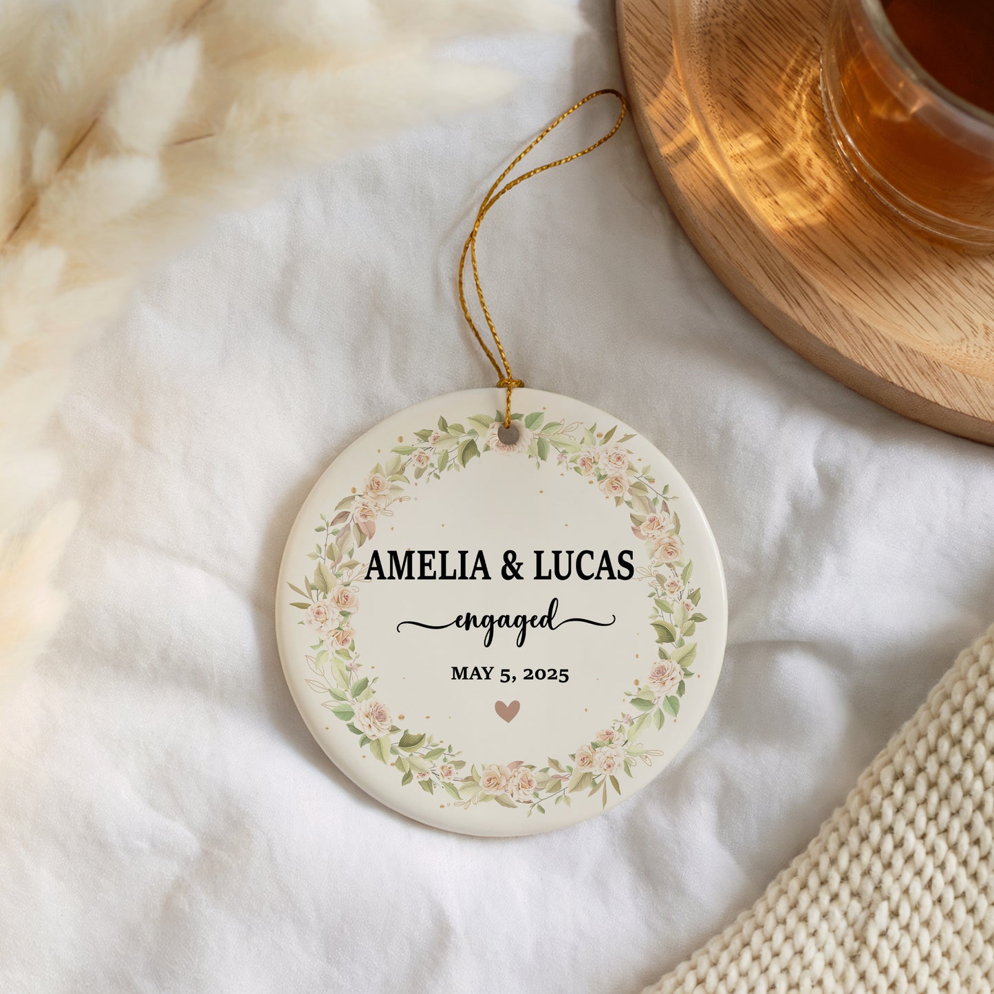 Floral Ceramic Engagement Ornament, Custom Keepsake for Newly Engaged Couple