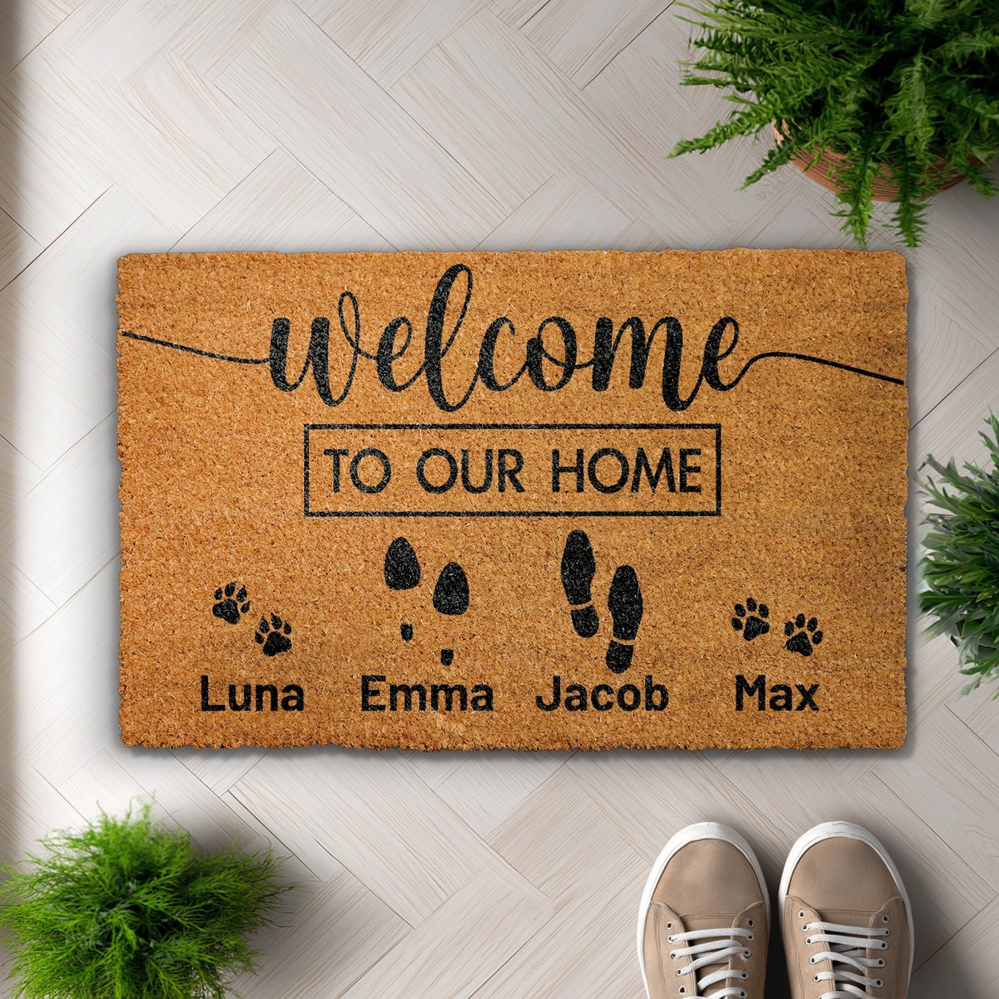 Custom Family & Pet Name Doormat, Personalized Paw Print Porch Decor