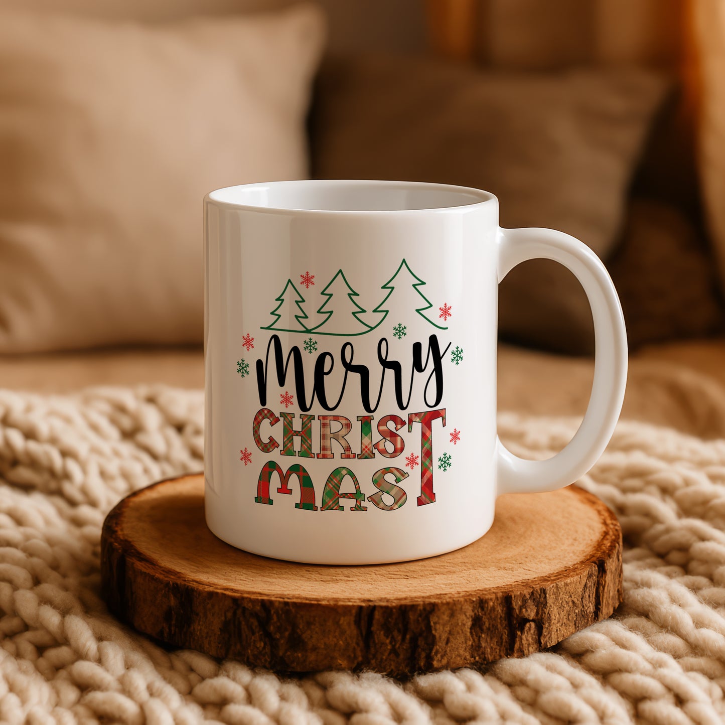 Plaid Pattern Merry Christmas Coffee Mug, Rustic Xmas Office Cup