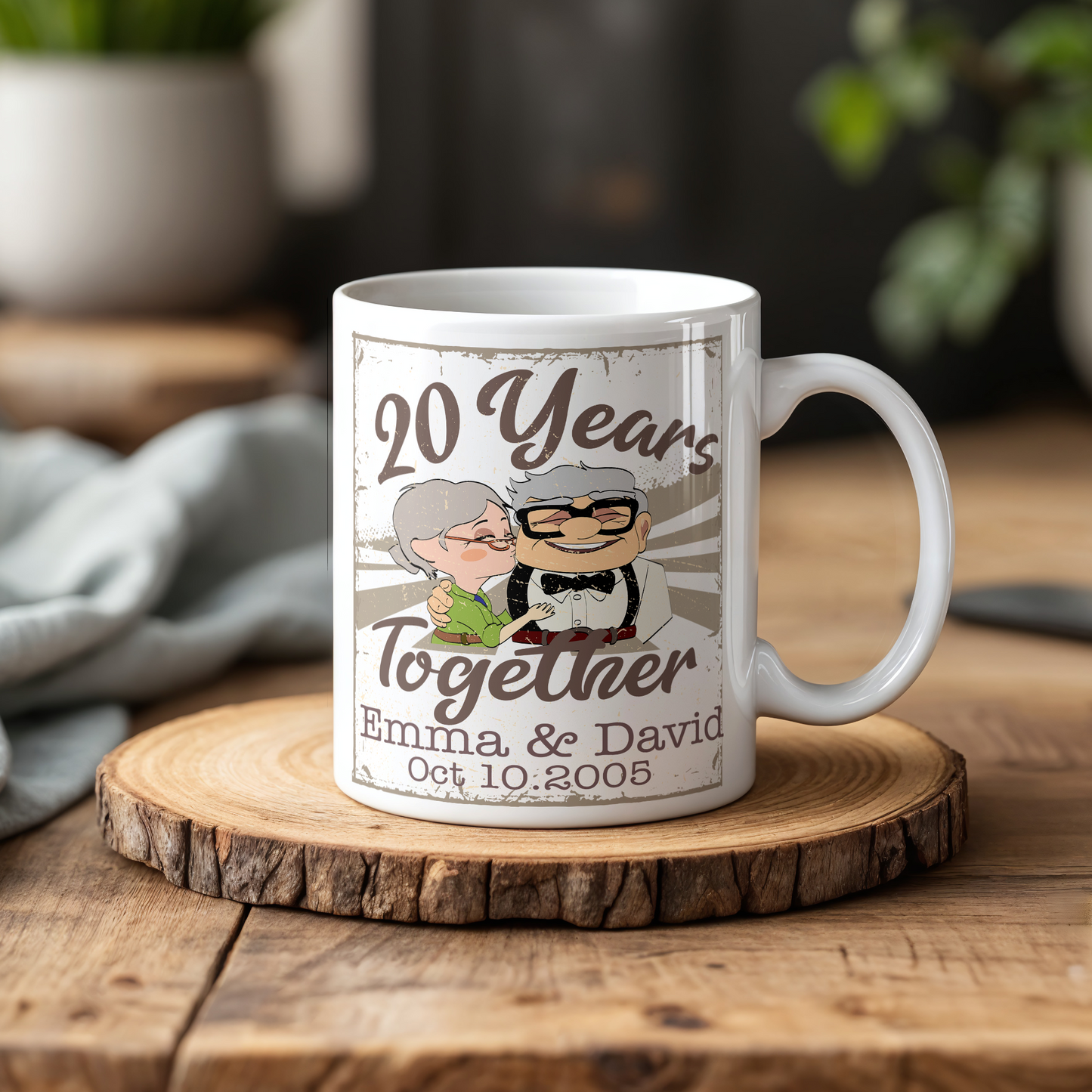 Vintage Disney-inspired Carl & Ellie Couple Mug, Custom Wedding Anniversary Cup