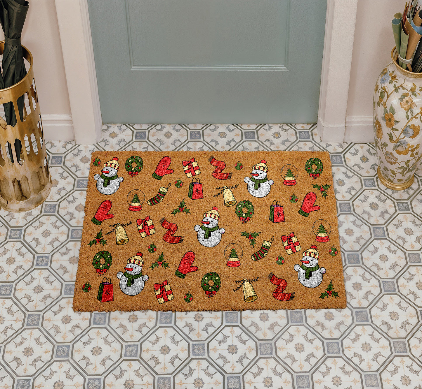 Winter Wonderland: Festive Snowman & Holiday Pattern Coir Doormat, Housewarming Gift
