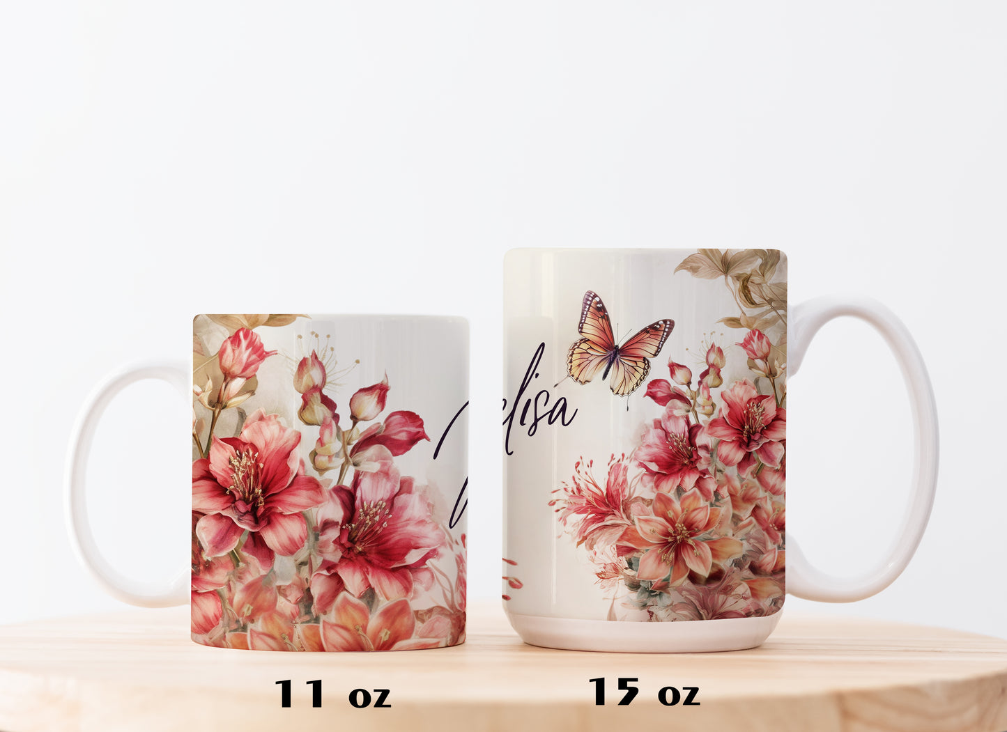 Custom Botanical Name Mug, Personalized Floral Ceramic Cup, Vibrant Butterfly