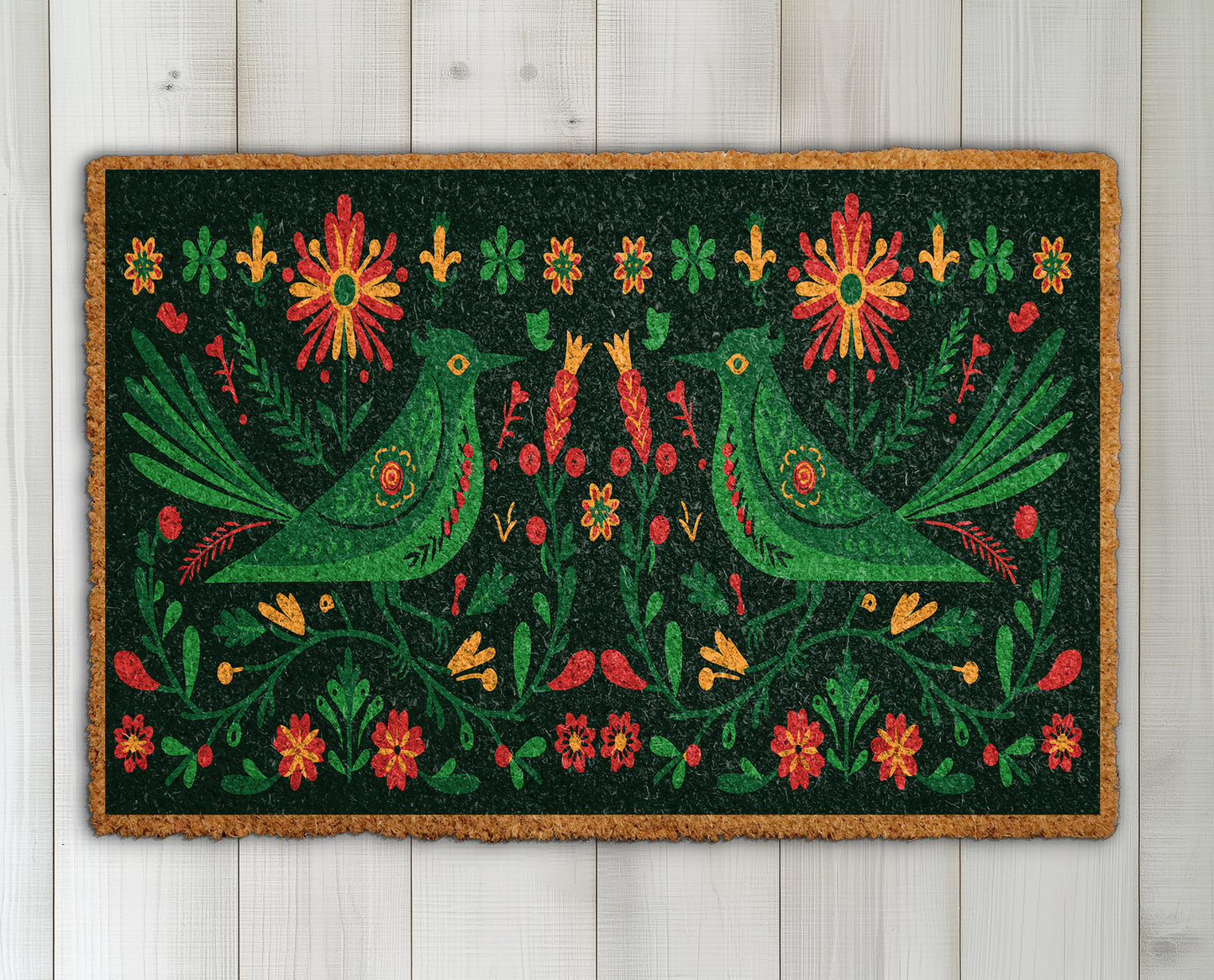 Nature-Inspired Birds and Flowers Coir Doormat, Perfect for Front Entry