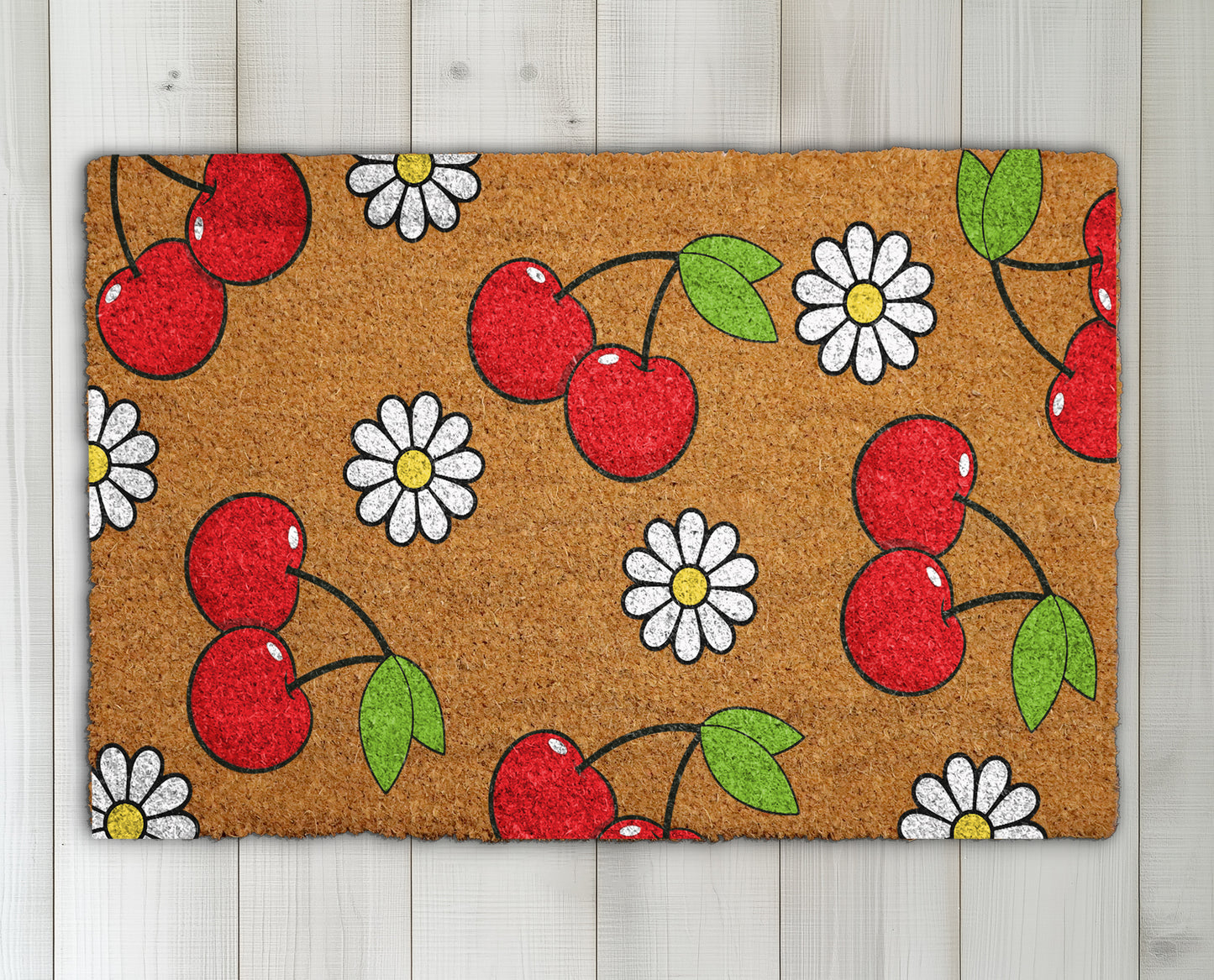 Cherry & Daisy Doormat: Sweet Summer Welcome, Unique Spring Decor