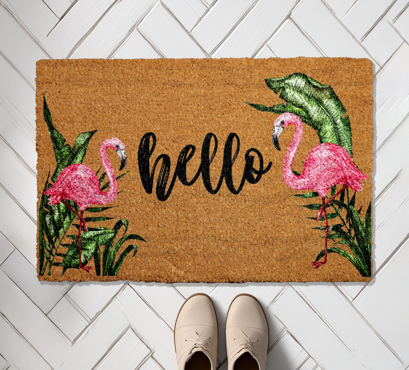 Tropical Leaves & Pink Flamingo Doormat: Charming Summer Welcome Rug