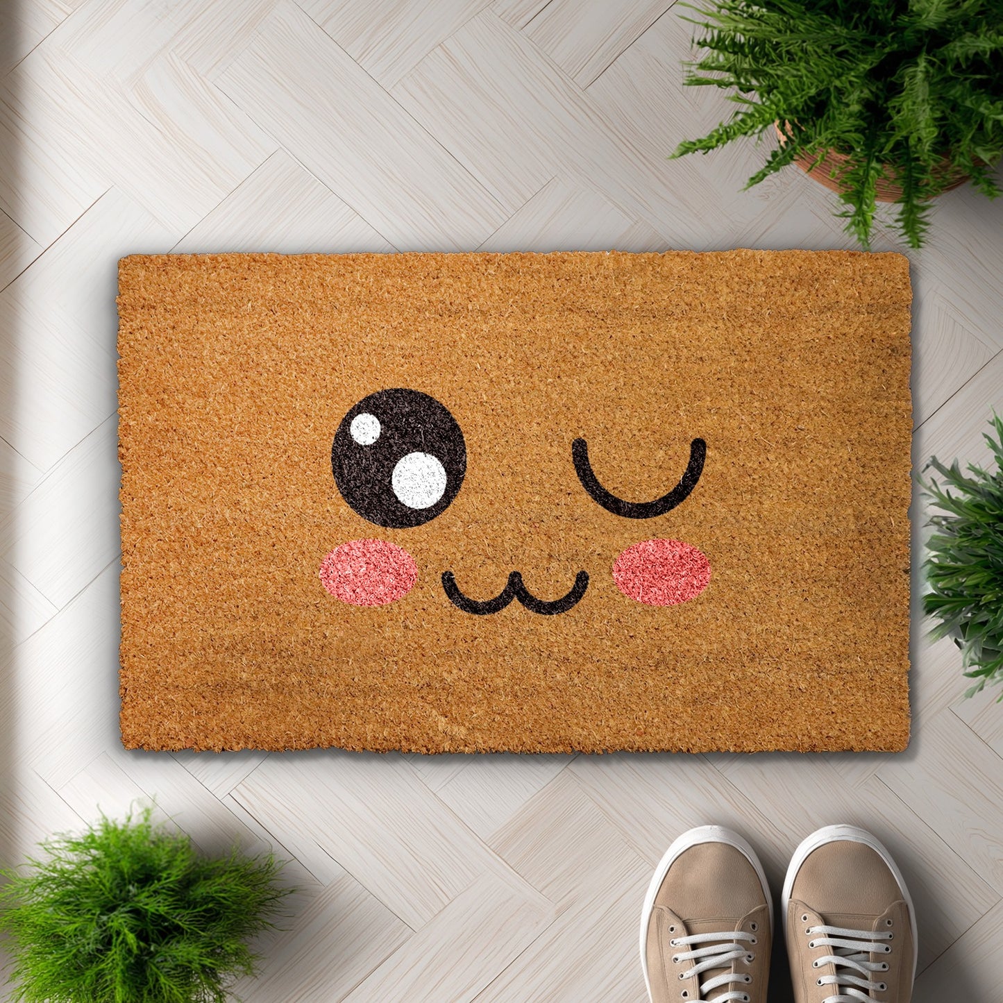 Playful Winking Emoji Doormat, Blush Cheeks Welcome Rug, Front Door Decor