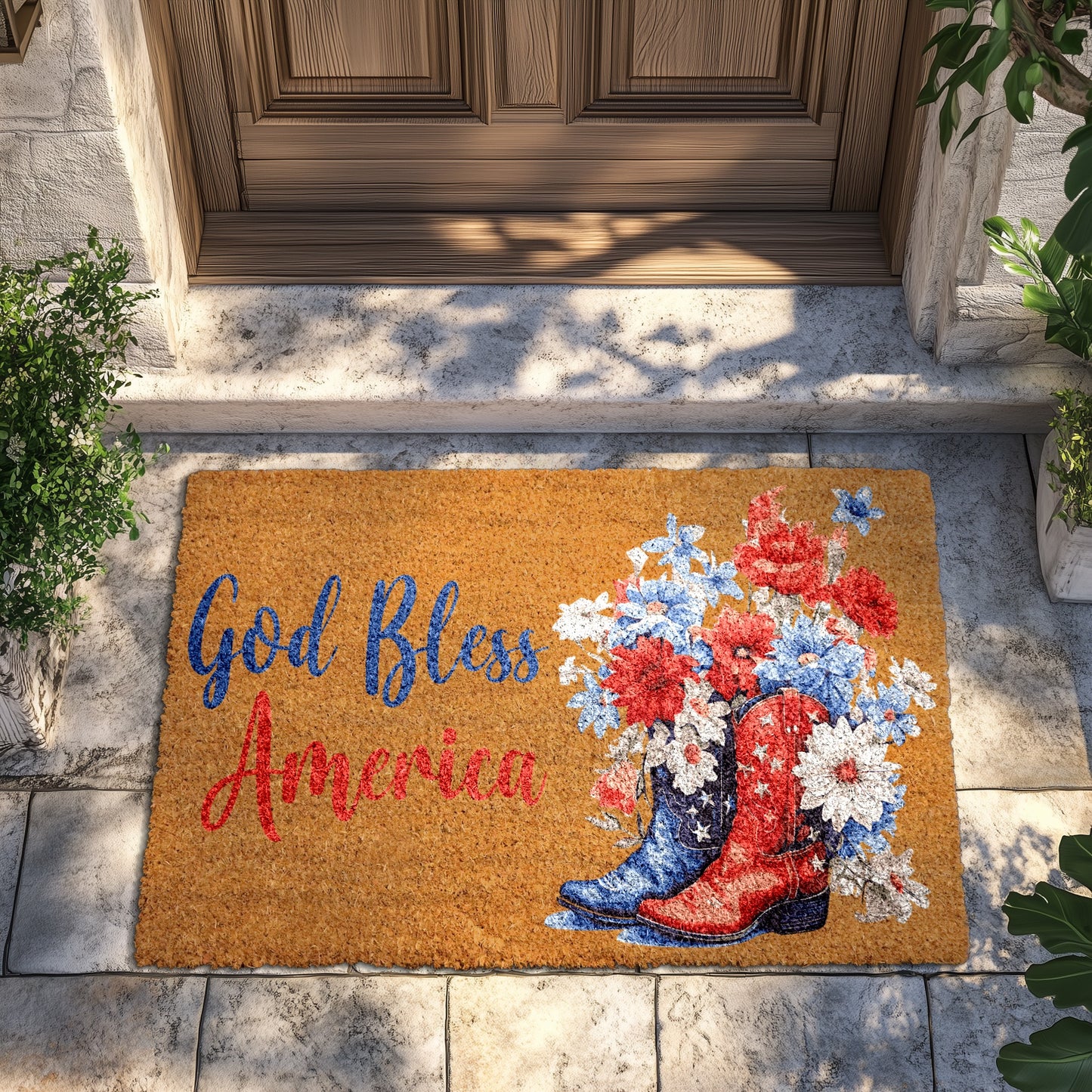 Patriotic God Bless America, Floral Cowboy Boots, July Welcome Mat