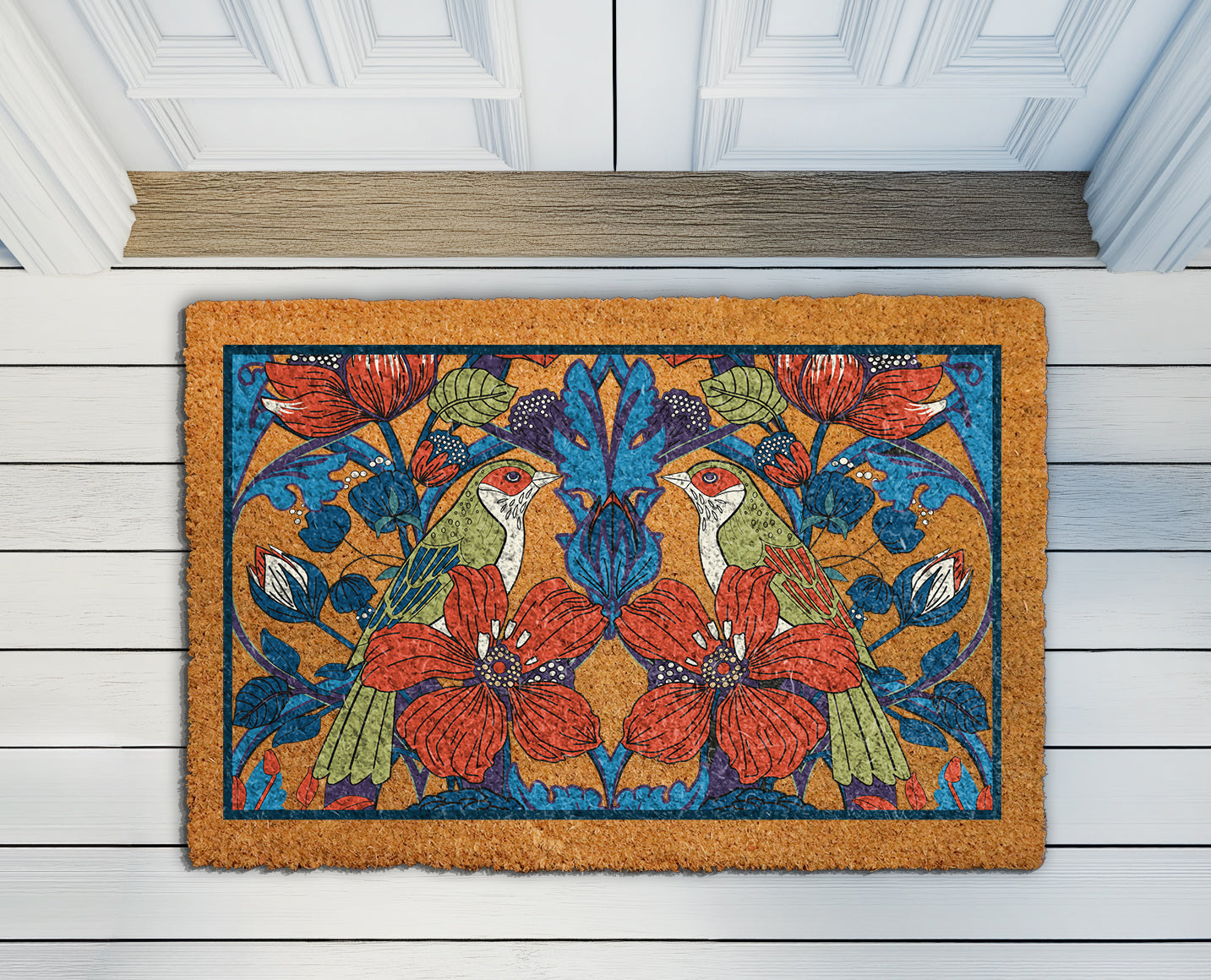 Elegant Bird and Floral Welcome Mat, Nature-Inspired Front Door Rug